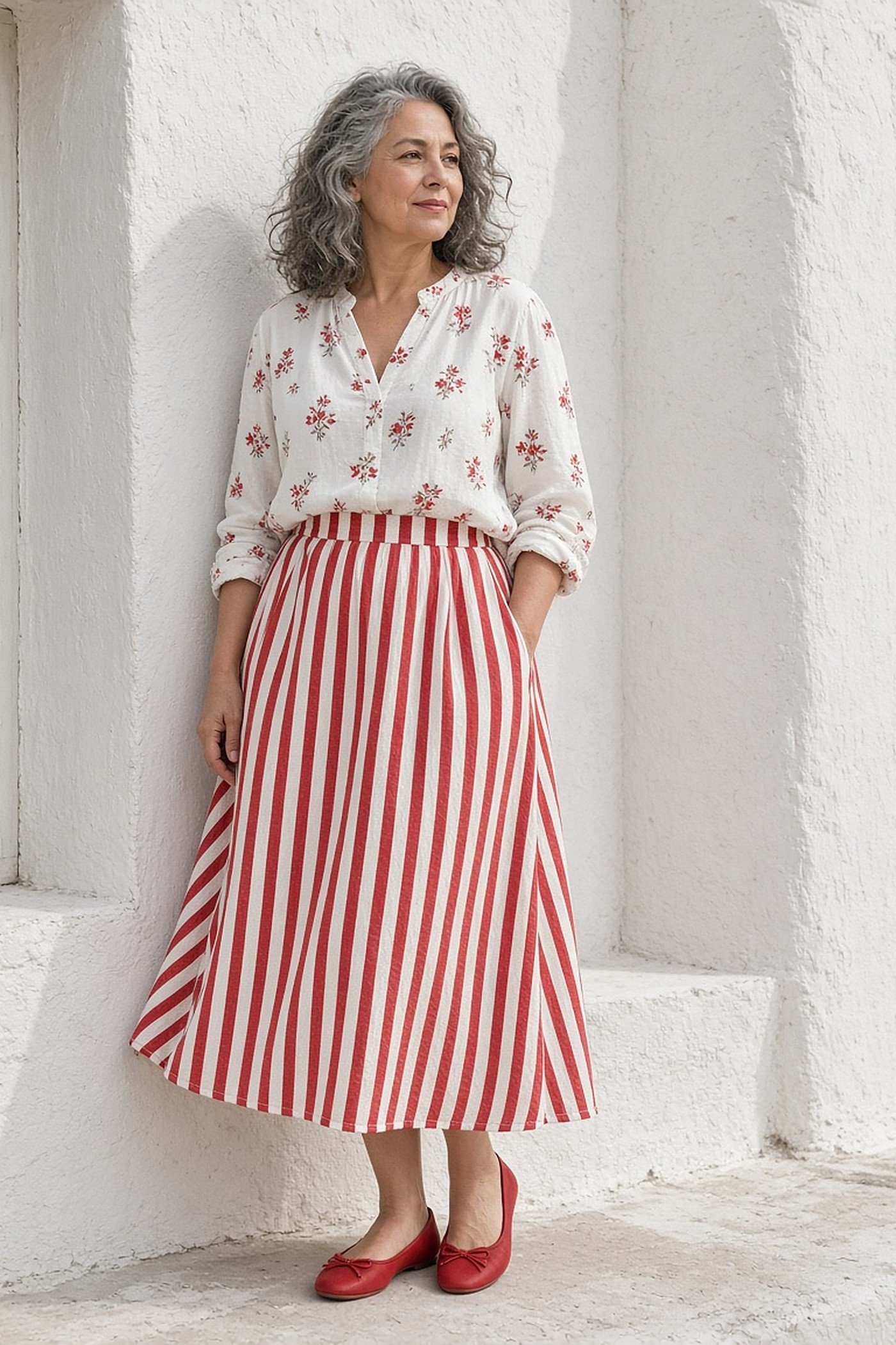 Woman over 40 in a red floral blouse and red striped skirt linked by one shared color