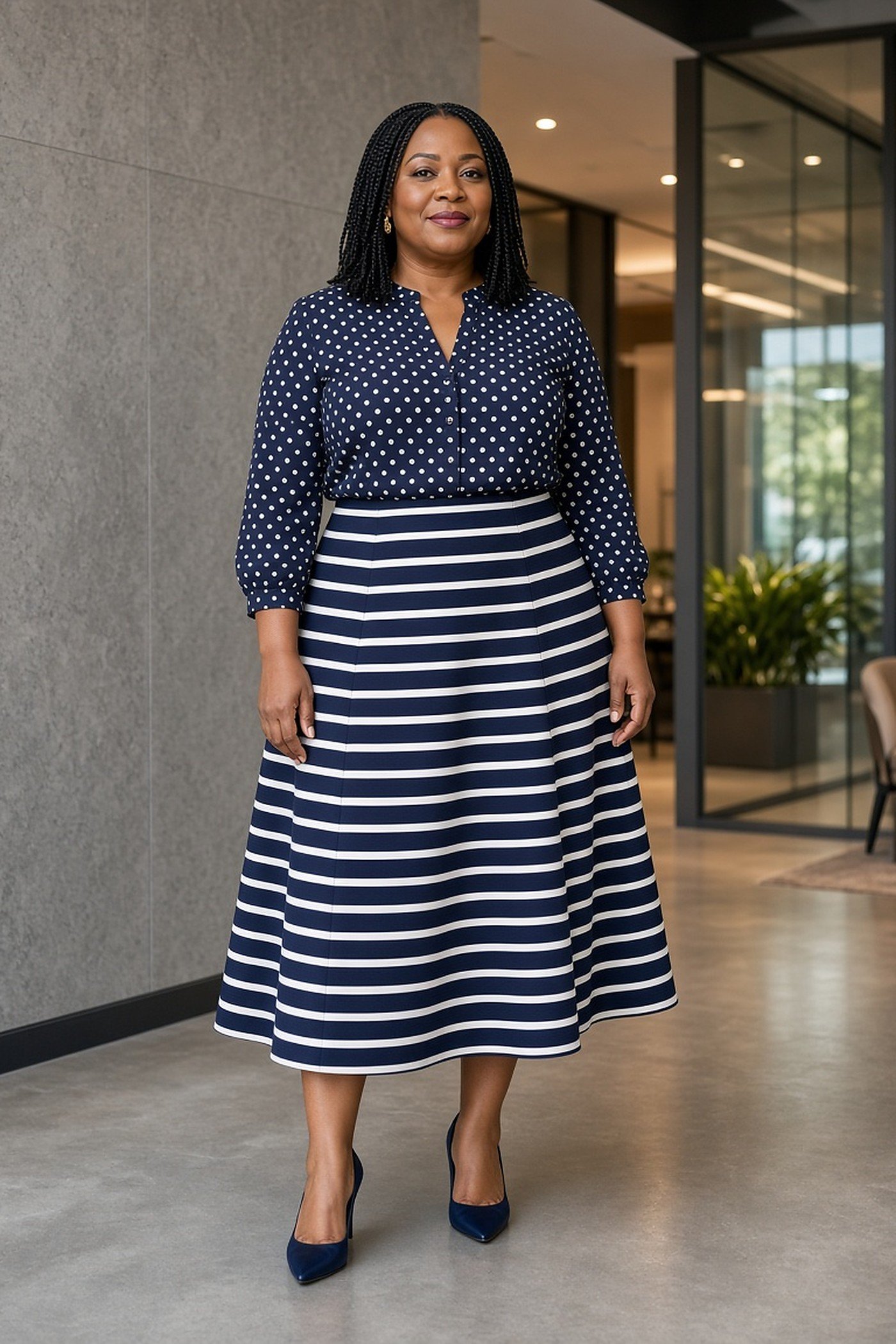 Woman over 40 in a navy polka dot blouse with a navy and white striped skirt