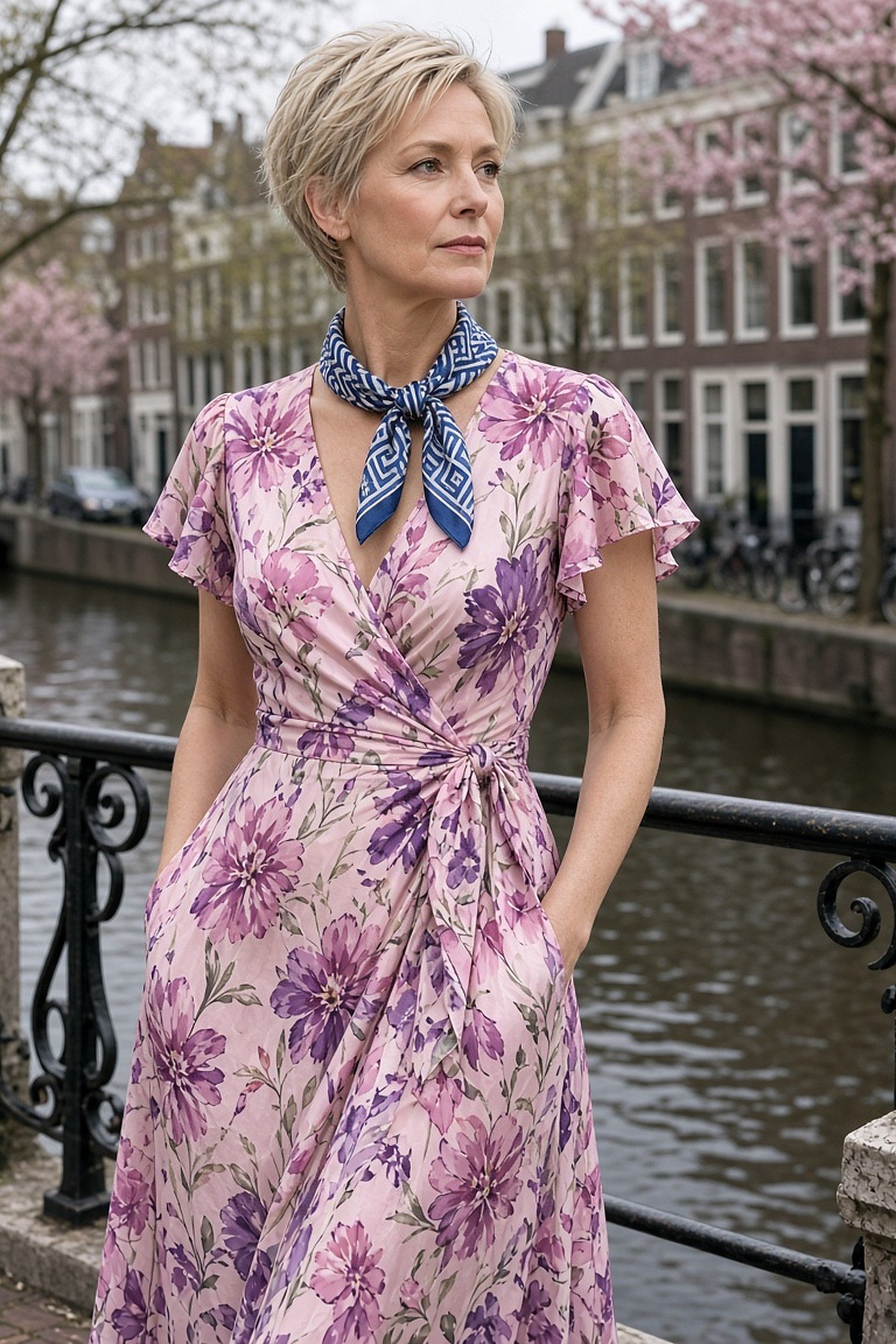 Woman over 40 in a pink floral wrap dress with a blue geometric silk neck scarf