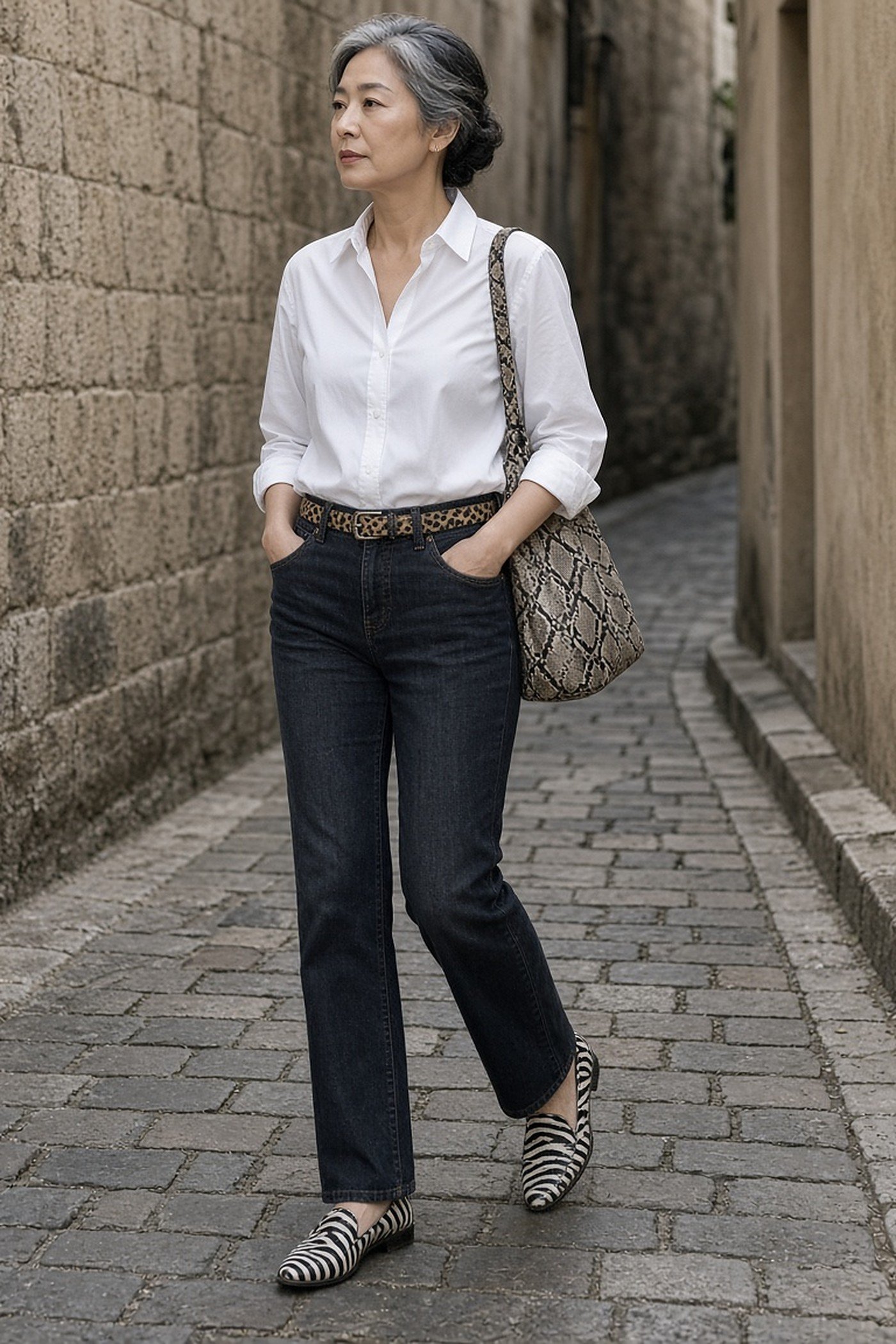 Woman over 40 in a white shirt and jeans with leopard belt, snake-print bag and zebra loafers