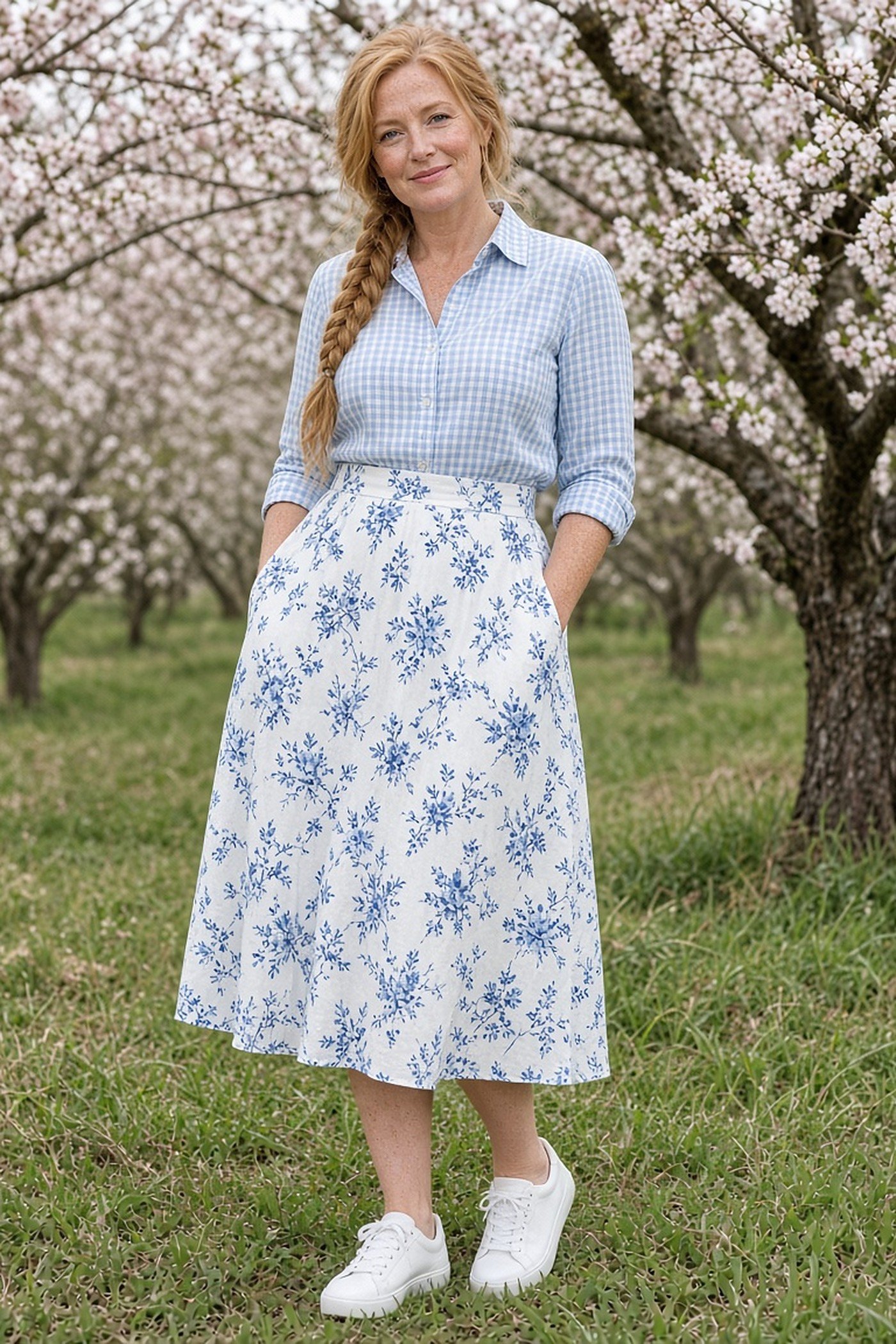 Woman over 40 in a blue gingham shirt with a blue floral skirt in a spring orchard