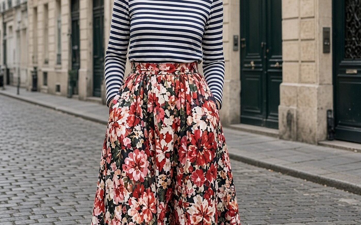Woman over 40 mixing a navy Breton striped top, red floral midi skirt and leopard flats in Paris