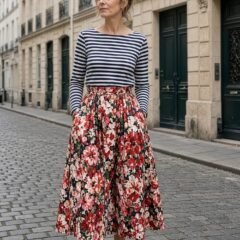 Woman over 40 mixing a navy Breton striped top, red floral midi skirt and leopard flats in Paris