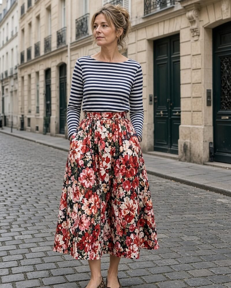 Woman over 40 mixing a navy Breton striped top, red floral midi skirt and leopard flats in Paris
