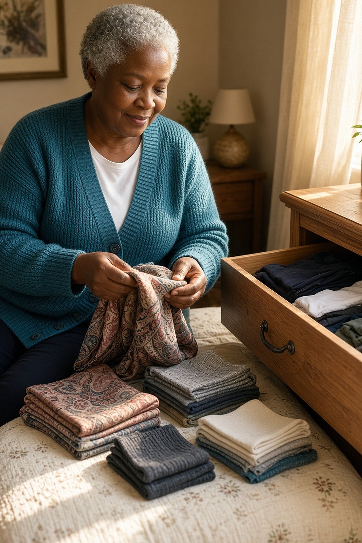 Woman over 60 sorting scarves from one dresser drawer into neat piles on the bed