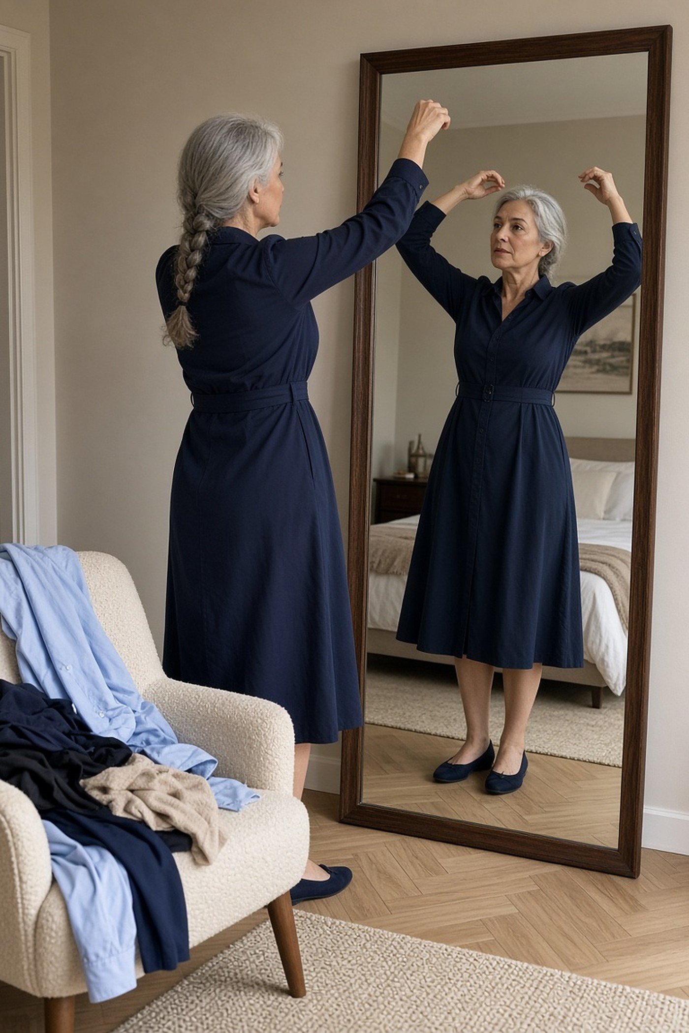 Woman over 60 trying on a navy shirt dress and raising her arms to check the fit in a mirror