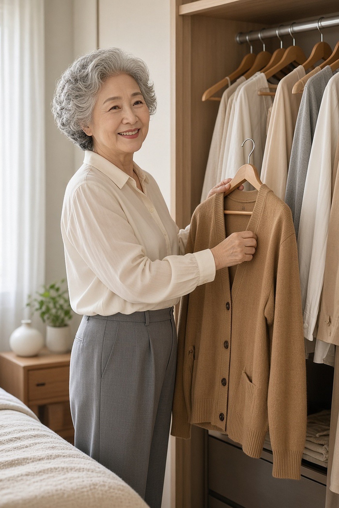 Woman over 60 taking a favorite camel cardigan from her wardrobe rail