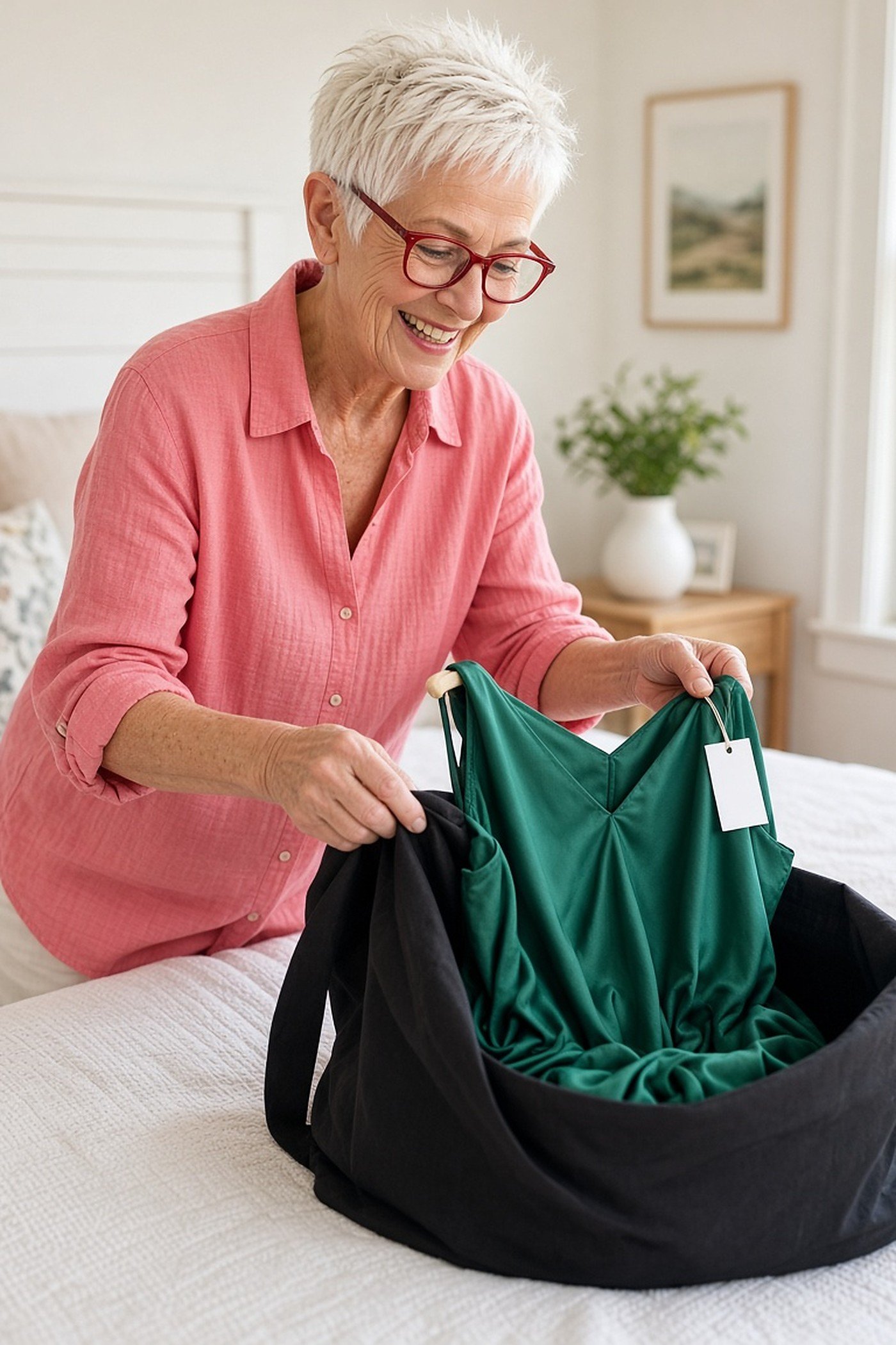 Woman over 60 in a coral shirt happily placing an unworn green dress into a donation bag
