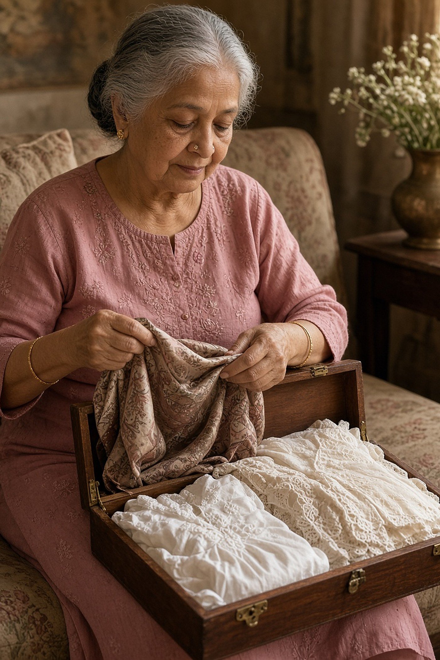 Woman over 60 folding a vintage silk scarf into a keepsake memory box
