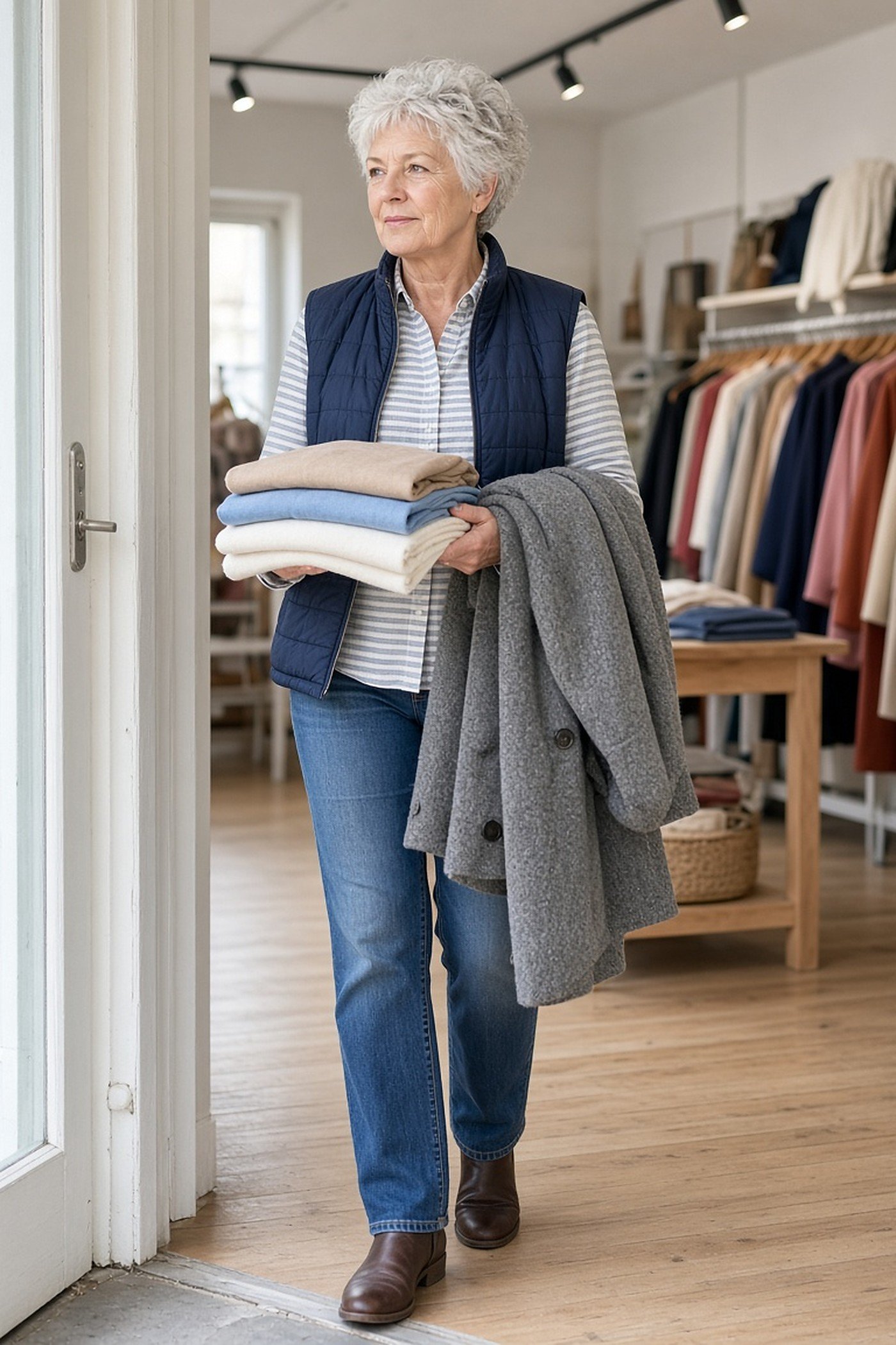 Woman over 60 carrying folded quality clothes and a wool coat into a charity shop
