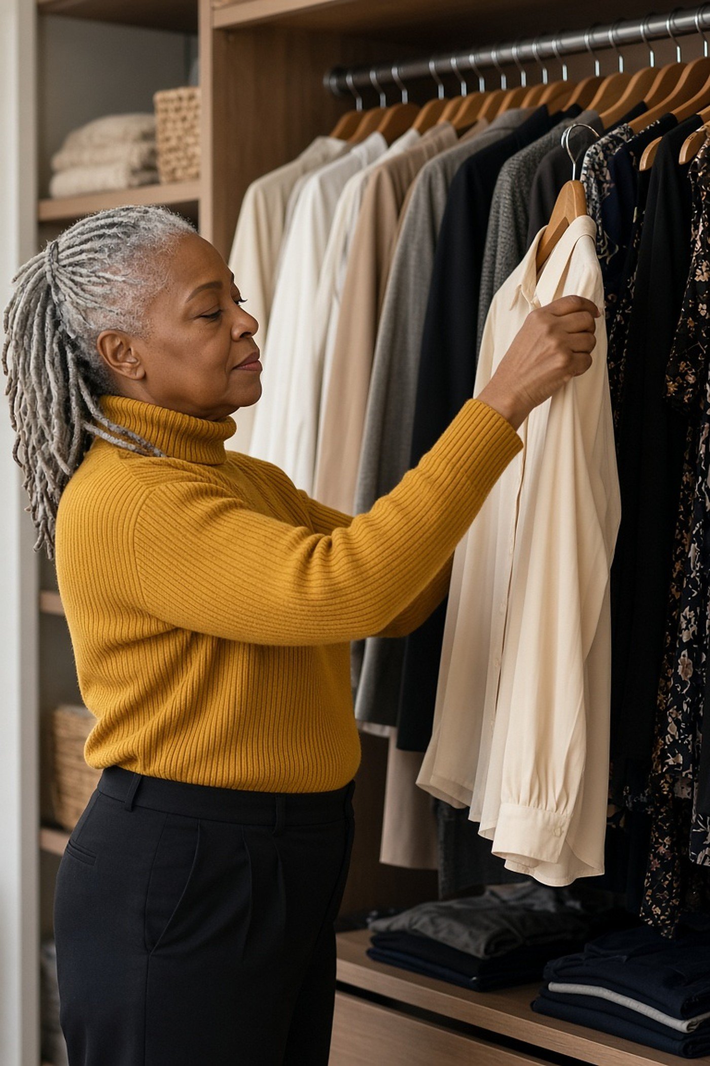 Woman over 60 hanging a blouse in a closet organized by category from light to dark