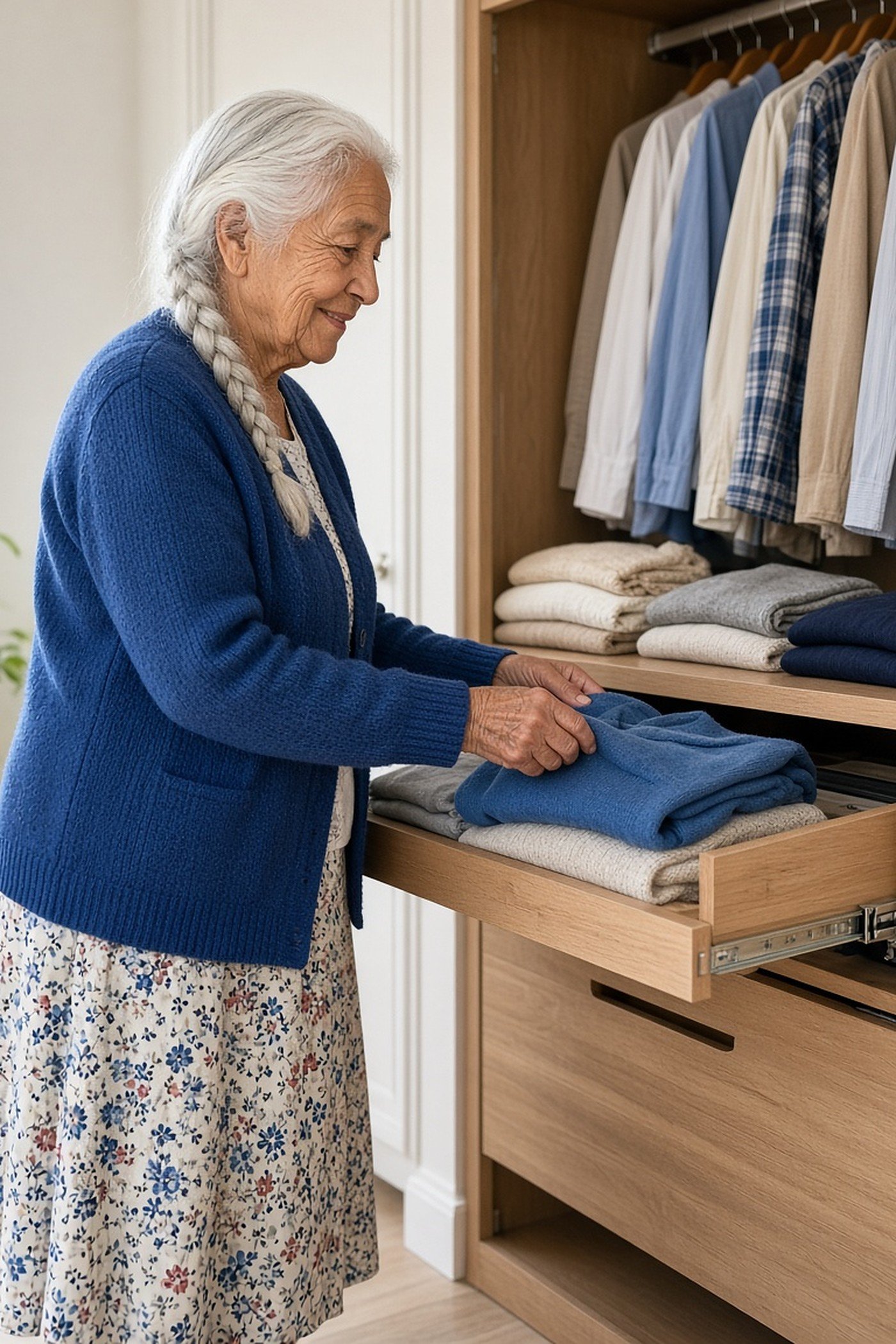 Woman over 60 reaching a sweater from a waist-high shelf in an easy-access closet