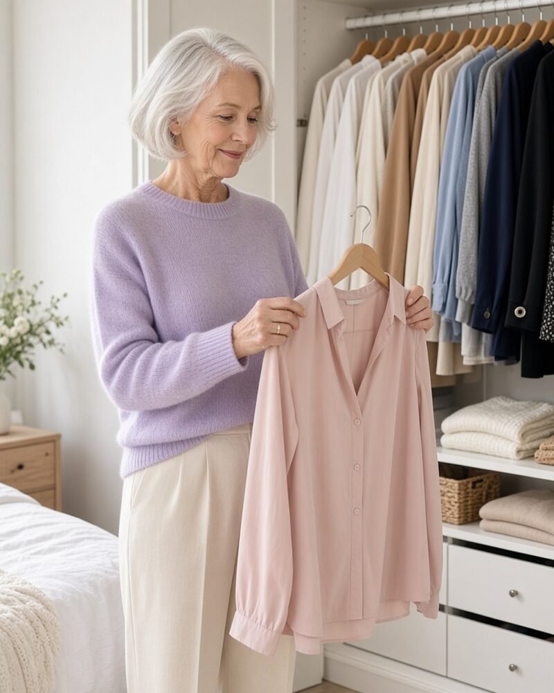 Woman over 60 in a lavender sweater holding a blouse in front of a tidy decluttered wardrobe