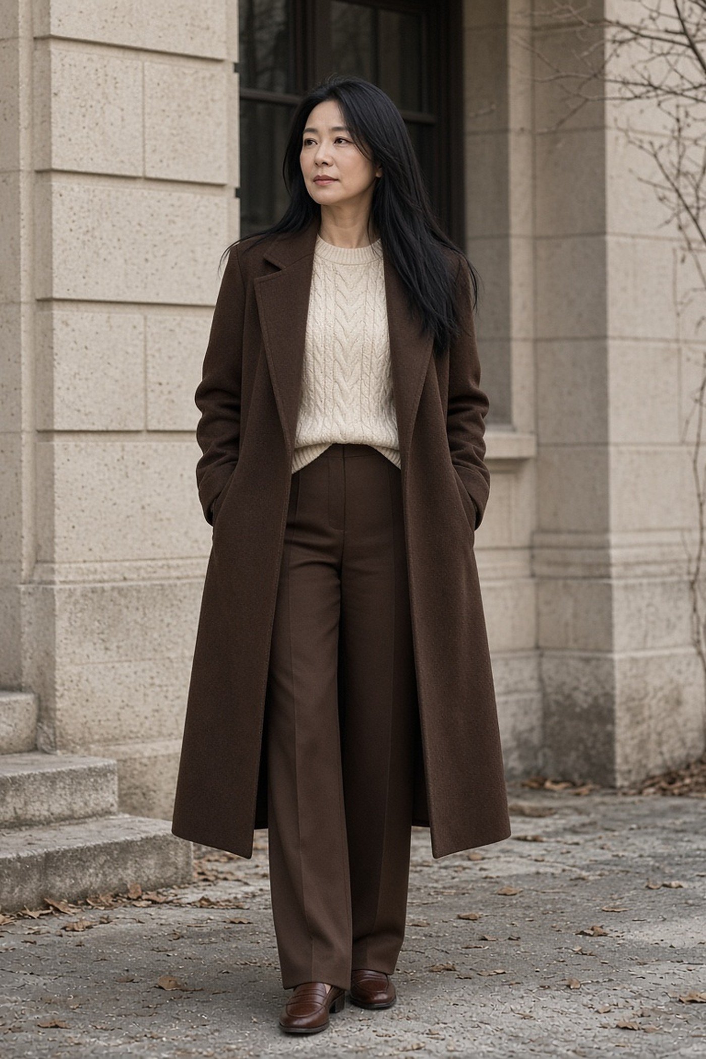 Woman over 40 in head-to-toe chocolate brown with a cream cable knit