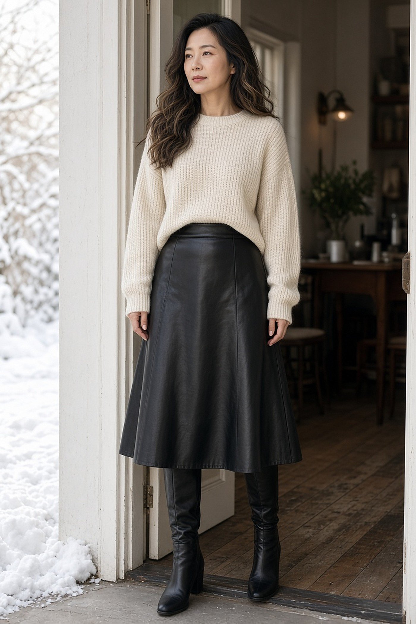 Woman over 40 in a black leather midi skirt, chunky cream knit and knee boots