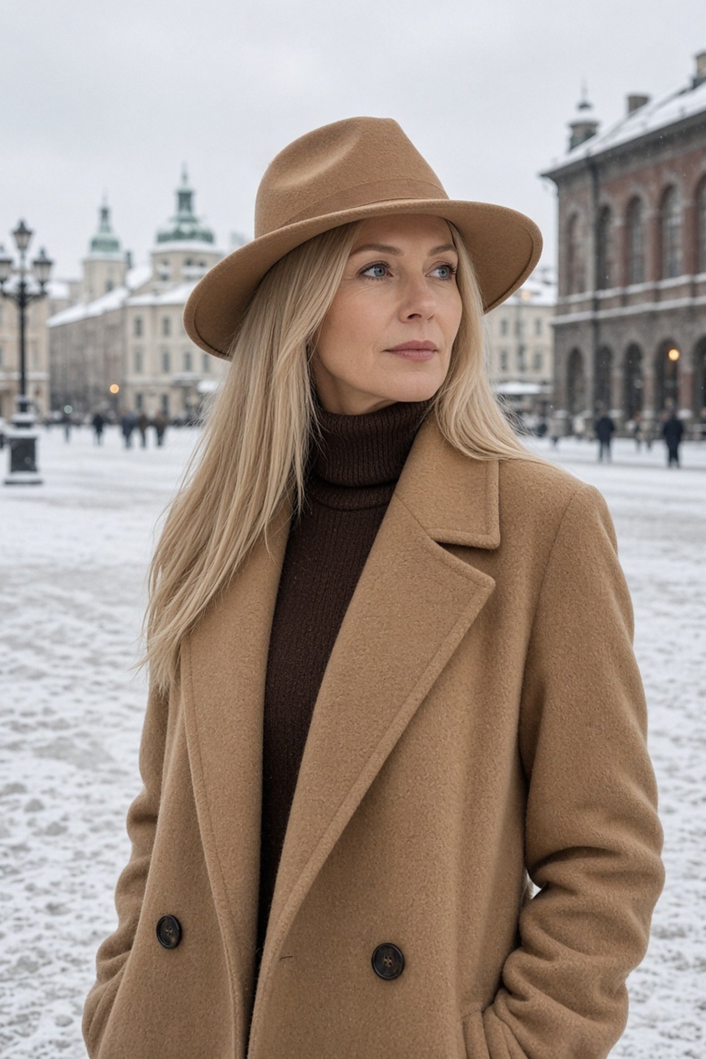 Woman over 40 in a camel wide-brim felt hat and matching camel coat