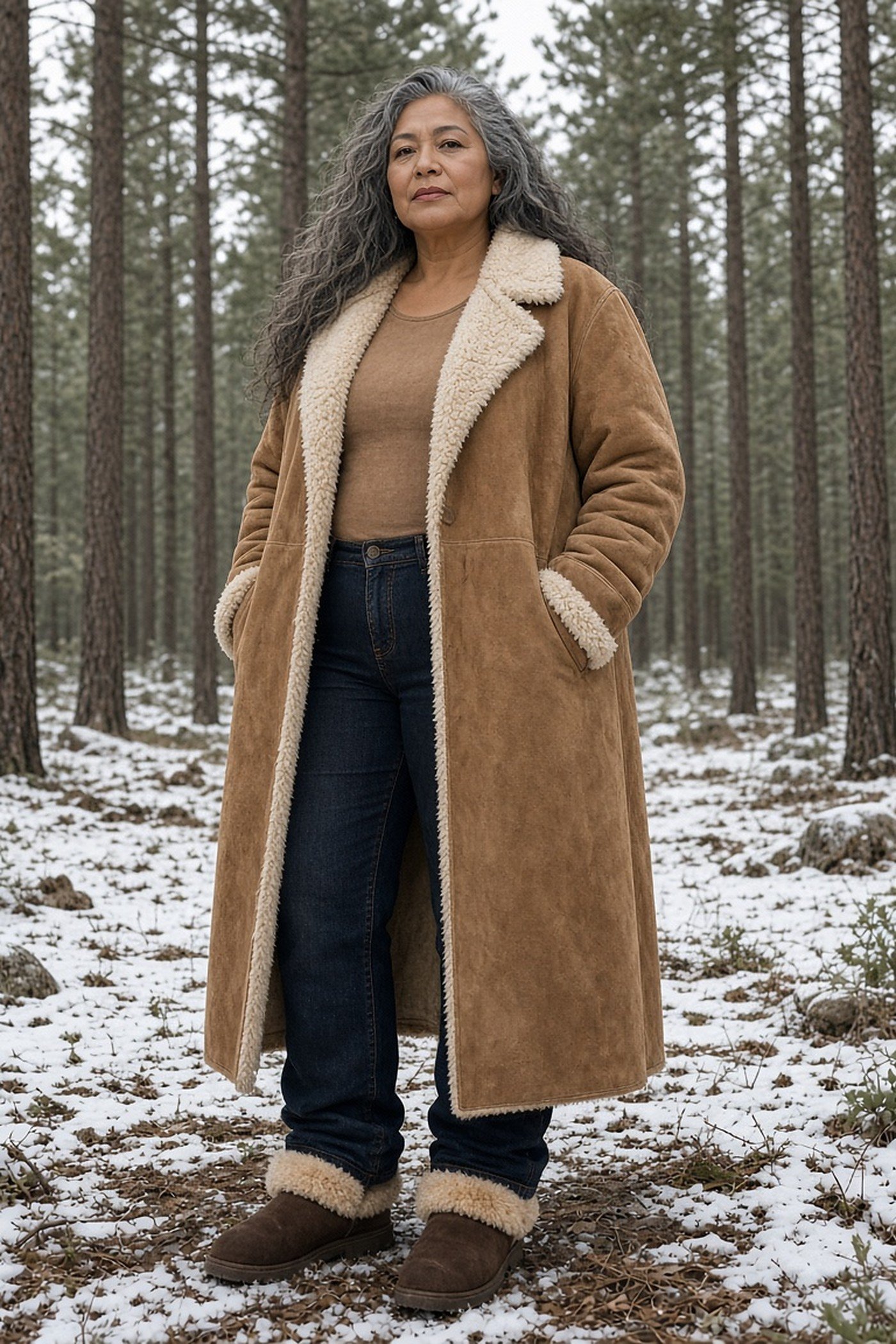 Woman over 40 in a long suede coat with cream shearling collar and shearling boots