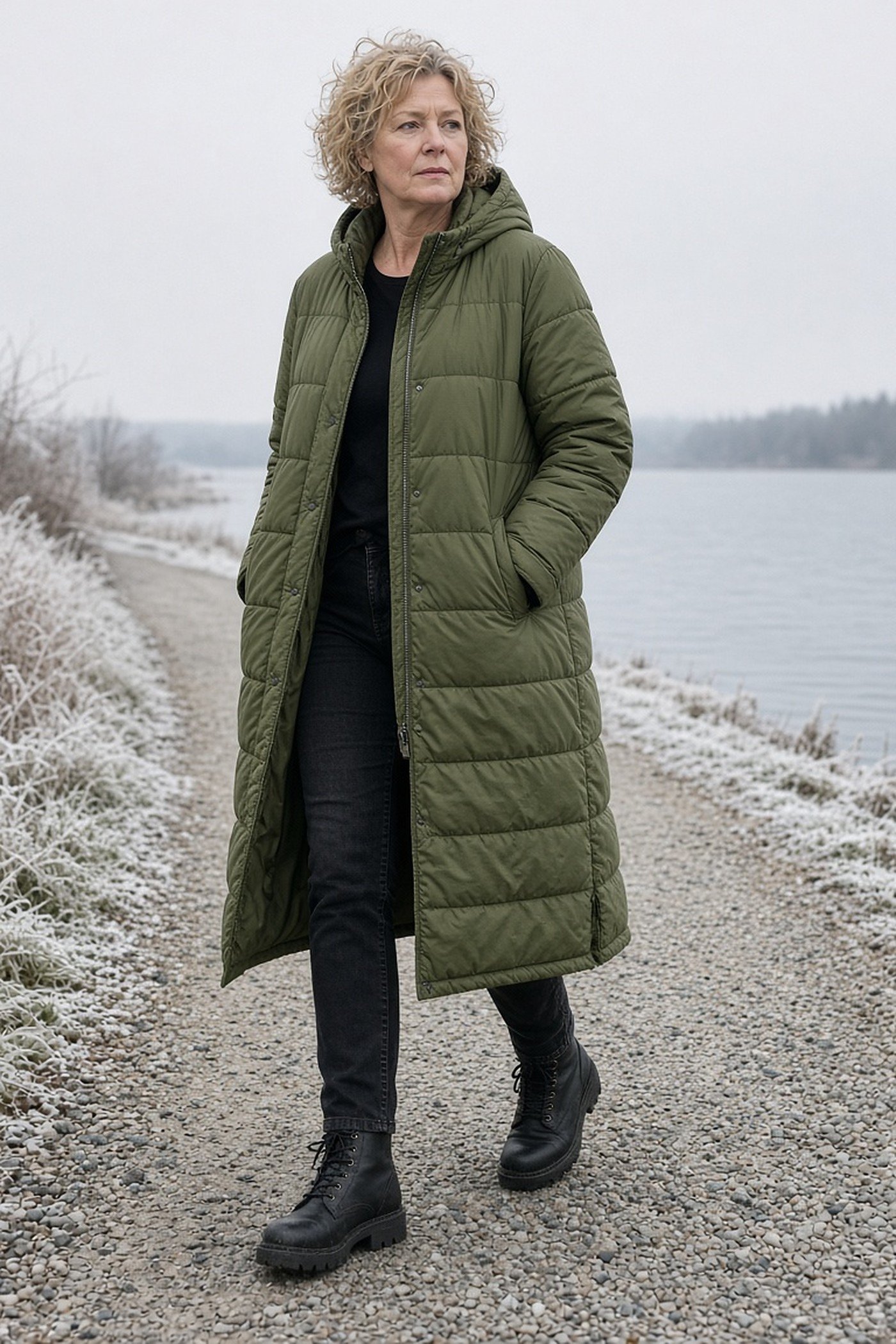 Woman over 40 in a long olive quilted coat with black jeans and lug boots