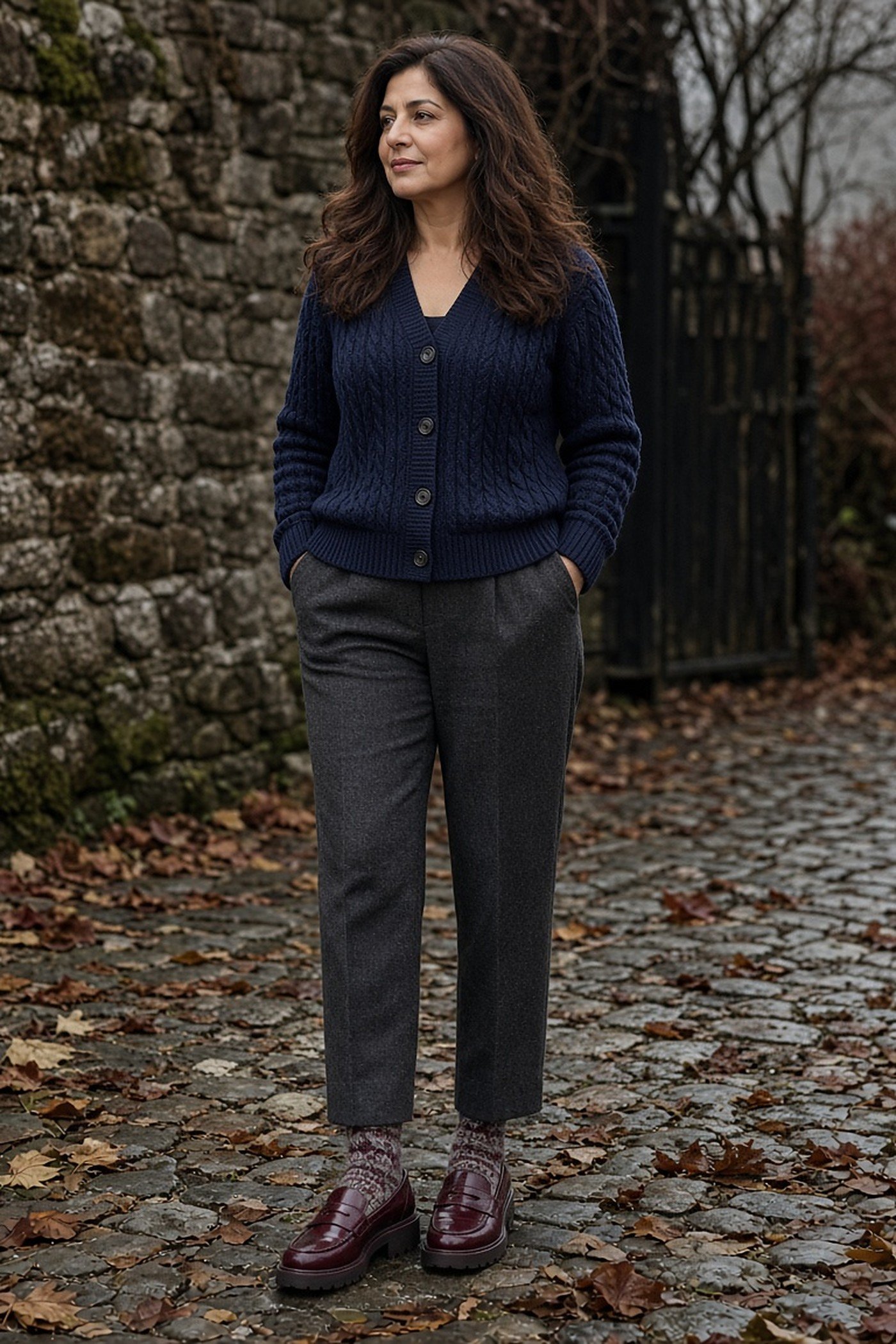 Woman over 40 in burgundy chunky loafers with patterned socks and a navy cable cardigan