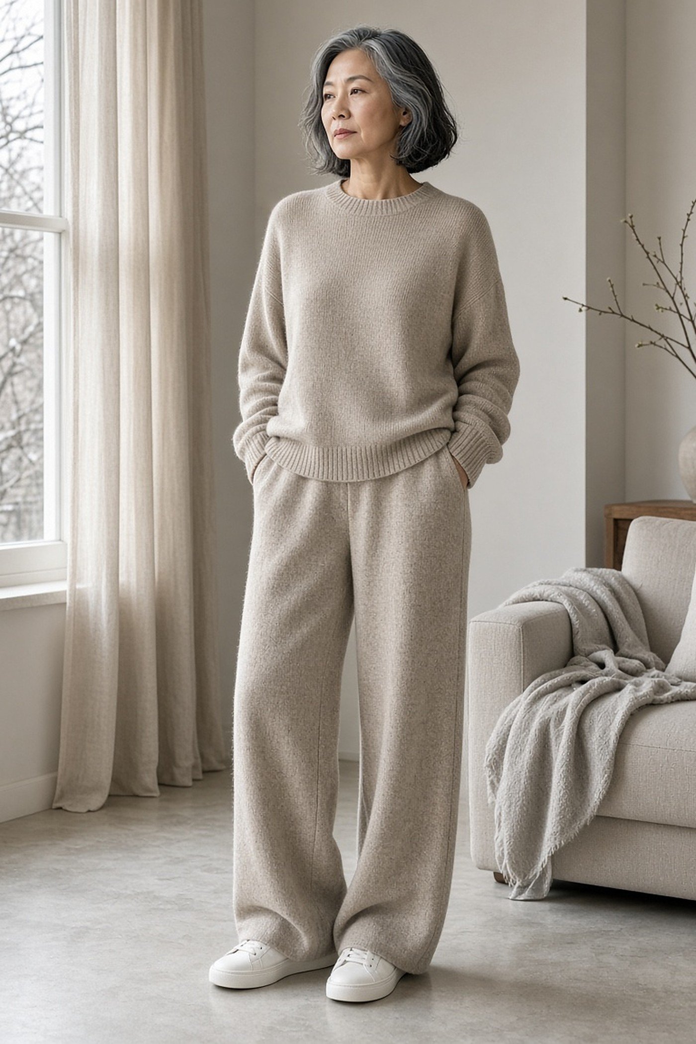 Woman over 40 in a matching oatmeal cashmere sweater and wide-leg knit trouser set
