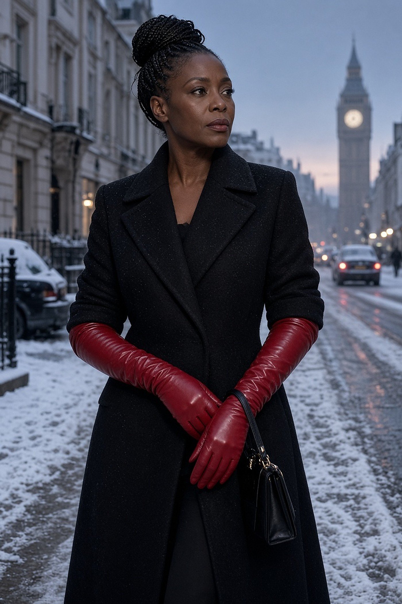 Woman over 40 in long red leather gloves with a black wool coat in the snow
