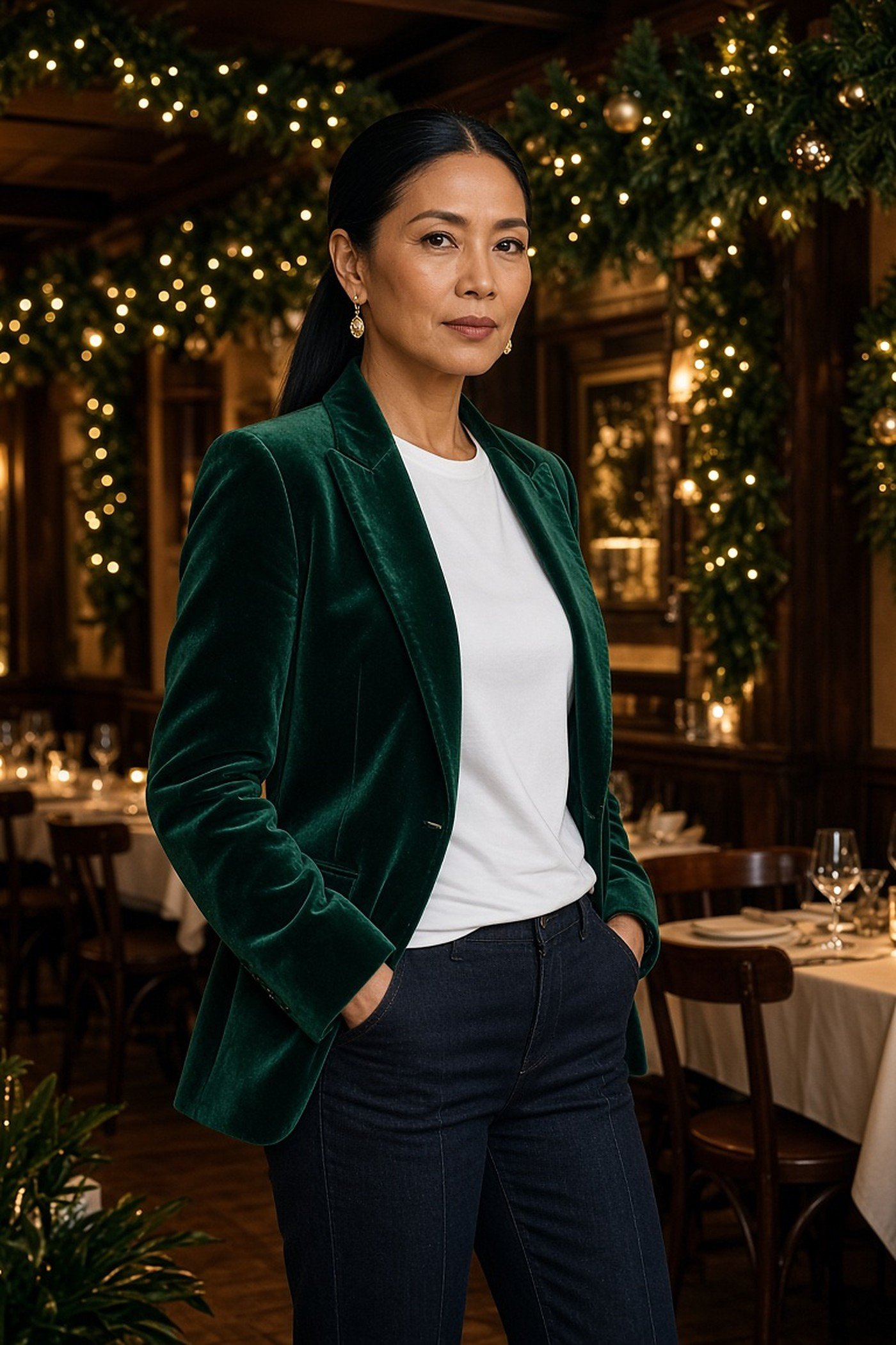 Woman over 40 in an emerald velvet blazer with a white tee and dark jeans