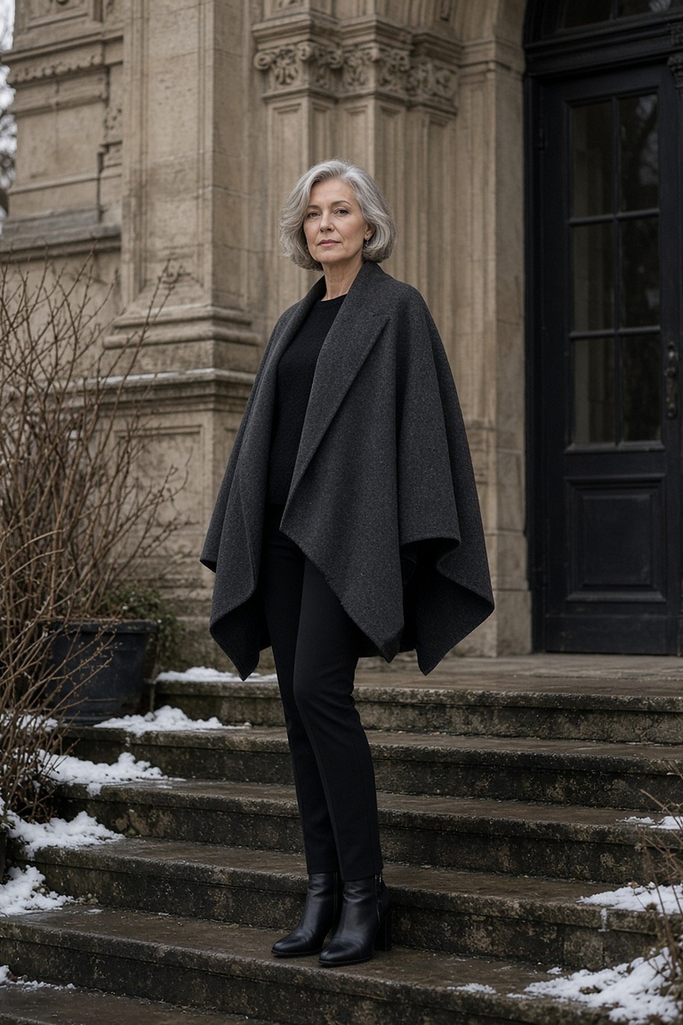 Woman over 40 in a charcoal wool cape coat over black with ankle boots