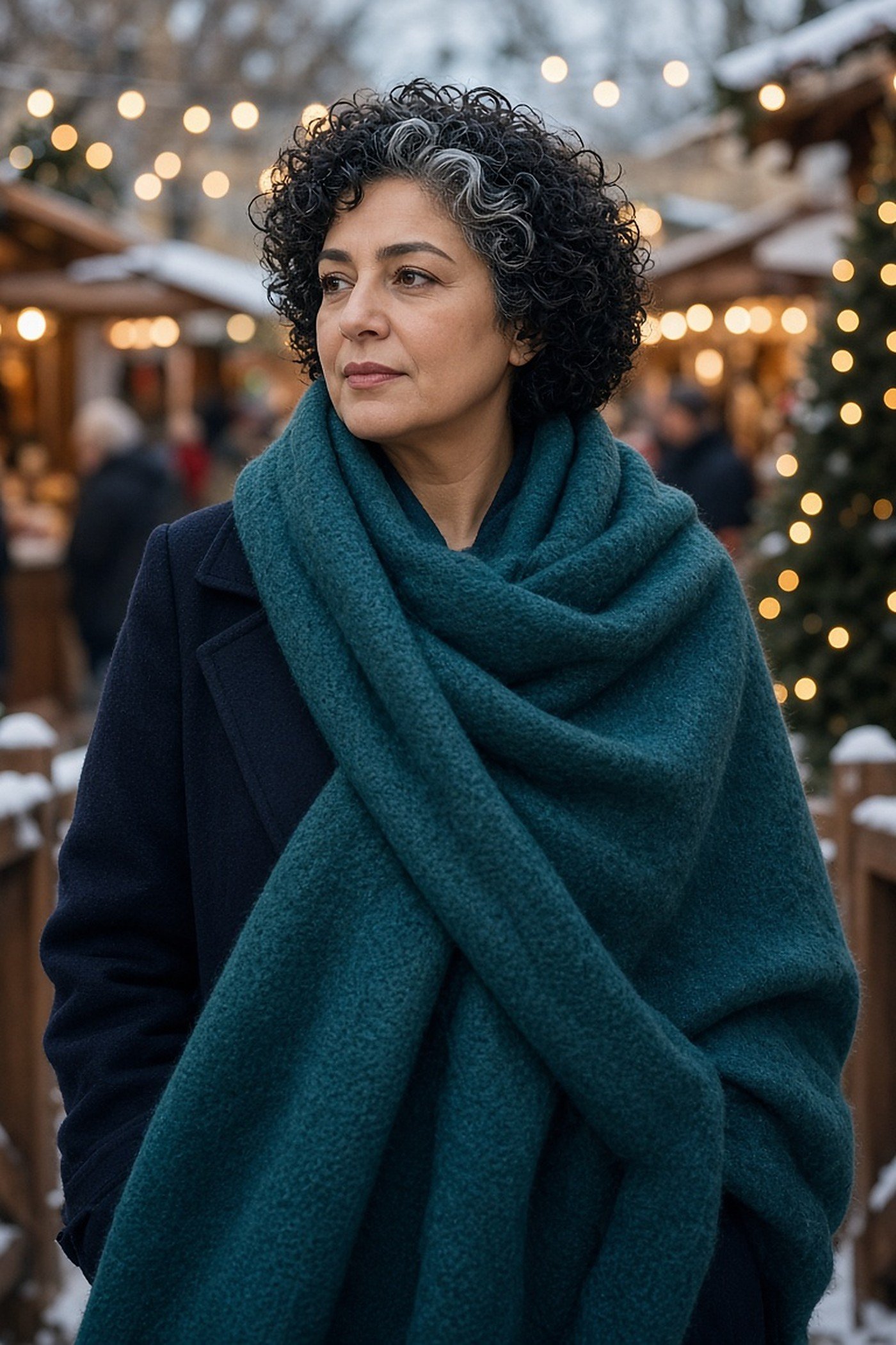 Woman over 40 wrapped in an oversized teal wool scarf at a Christmas market
