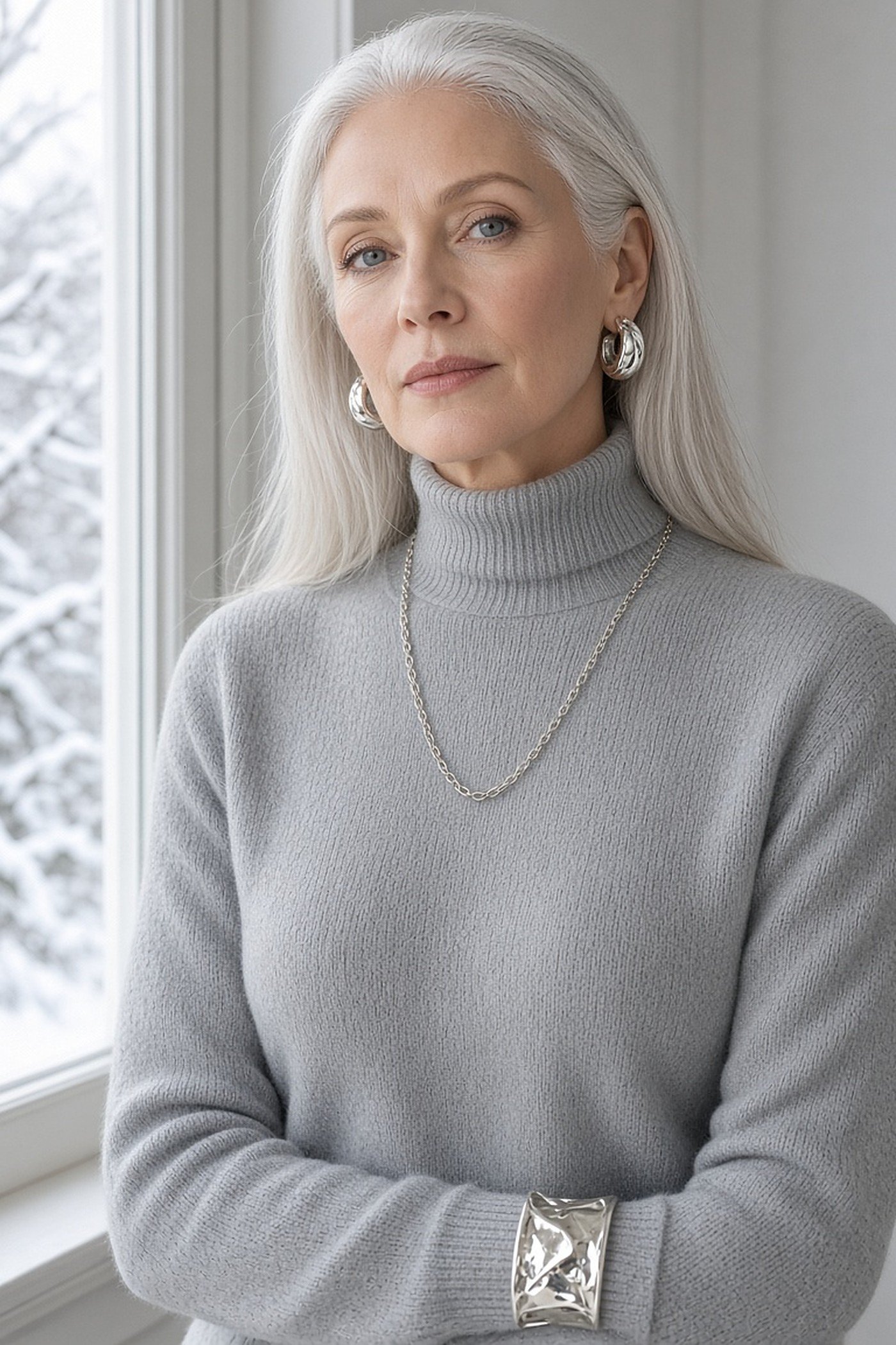 Woman over 40 wearing chunky silver hoops, chain and cuff with a gray turtleneck