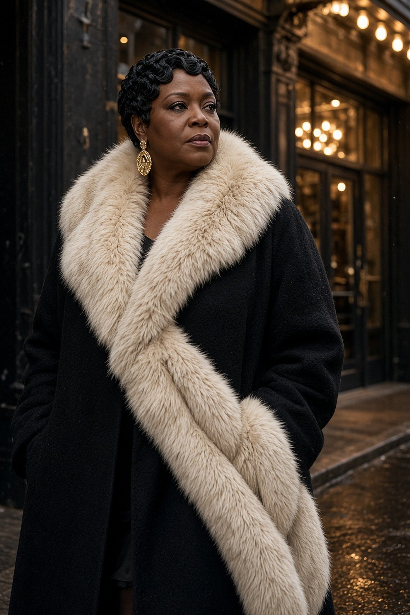 Woman over 40 in a black coat with a cream faux fur collar and stole