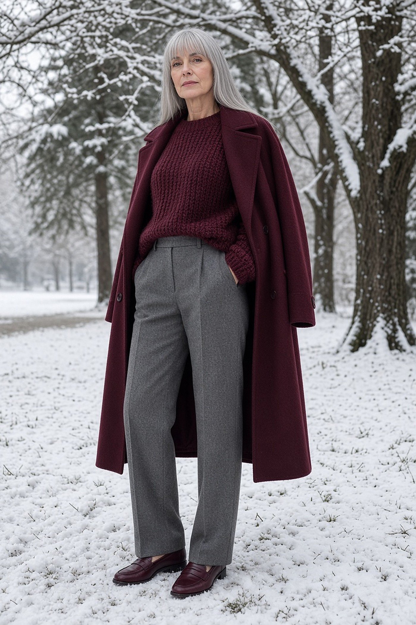Woman over 40 in a burgundy chunky knit, gray trousers and wine coat