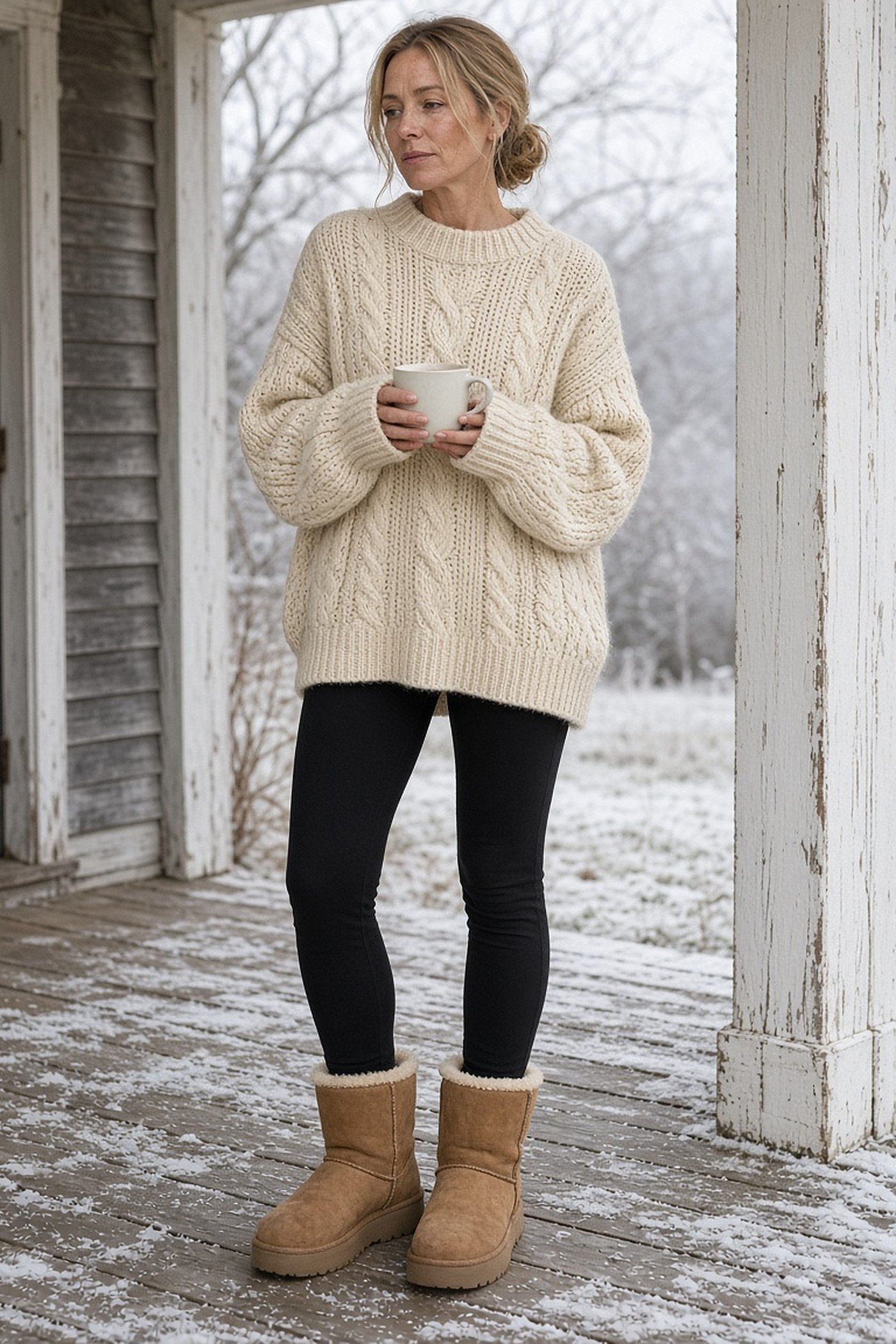 Woman over 40 in an oversized cream fisherman knit with leggings and shearling boots