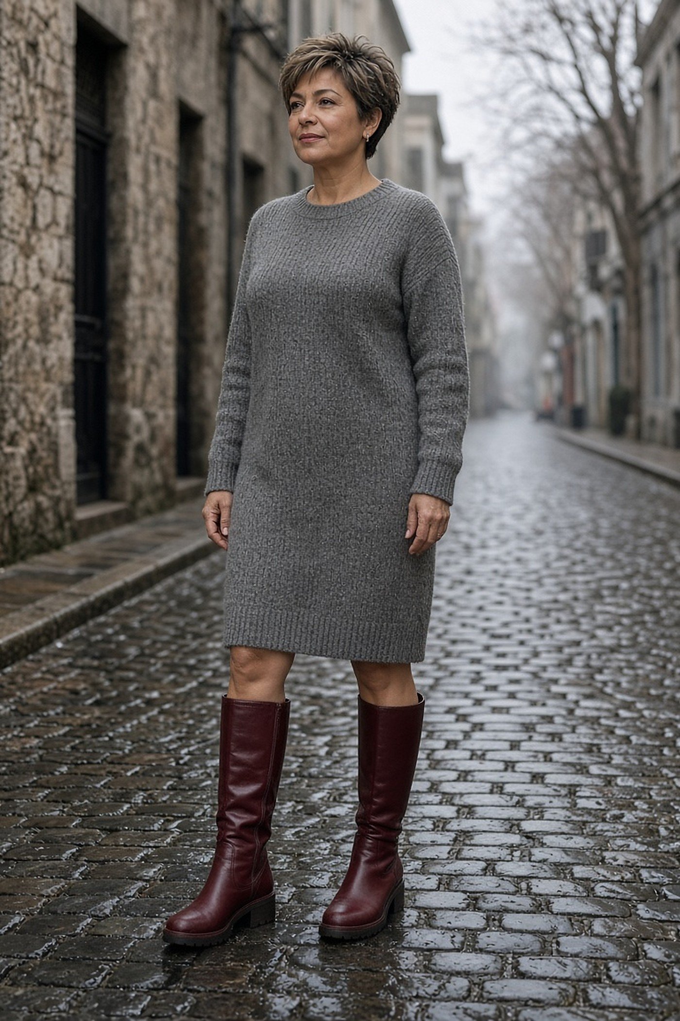 Woman over 40 in burgundy leather knee-high block-heel boots with a gray knit dress