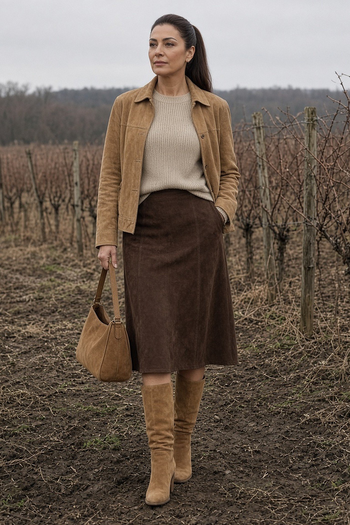 Woman over 40 in a tan suede jacket, chocolate suede skirt and suede boots