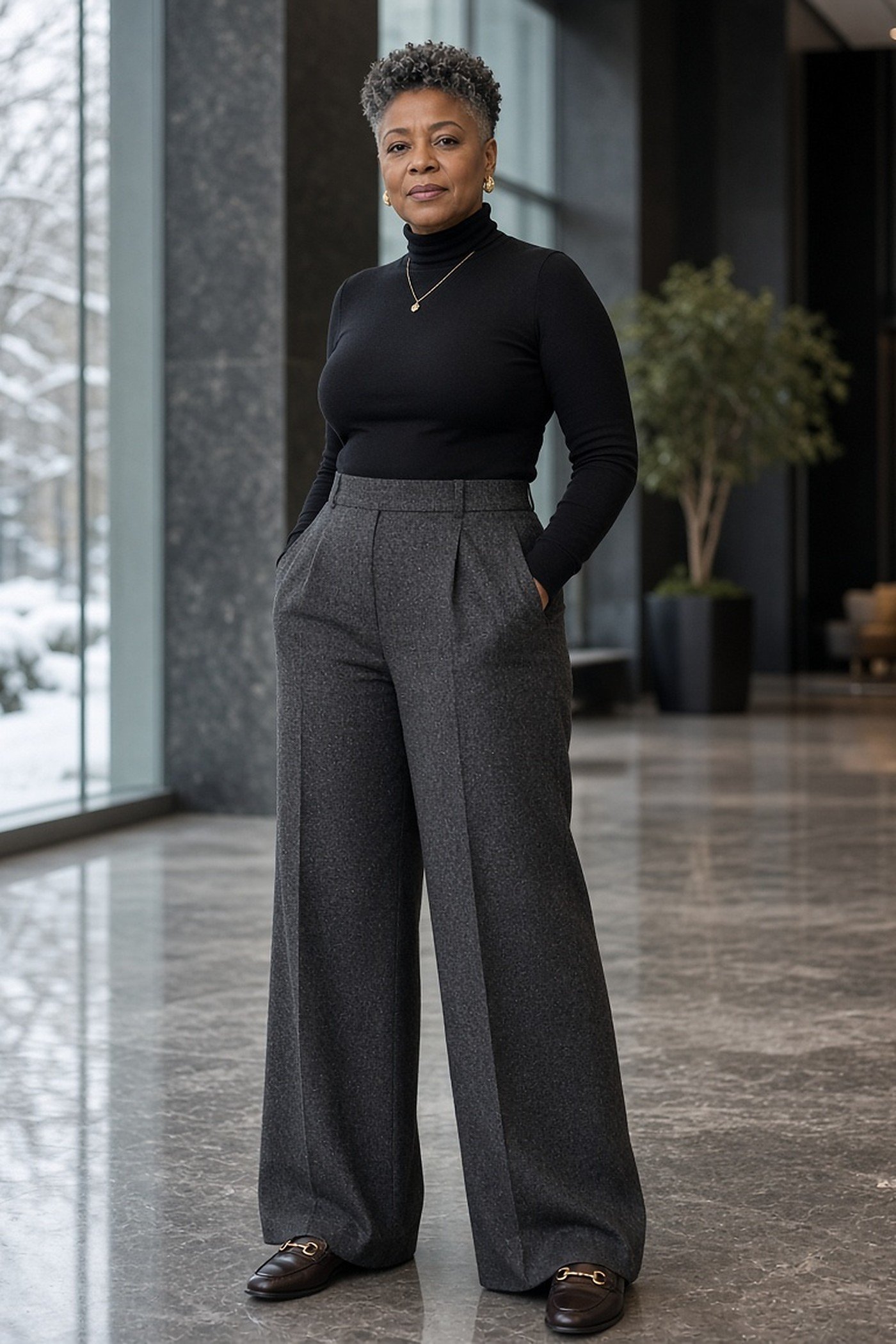 Woman over 40 in high-waisted charcoal wide flannel trousers and a black turtleneck