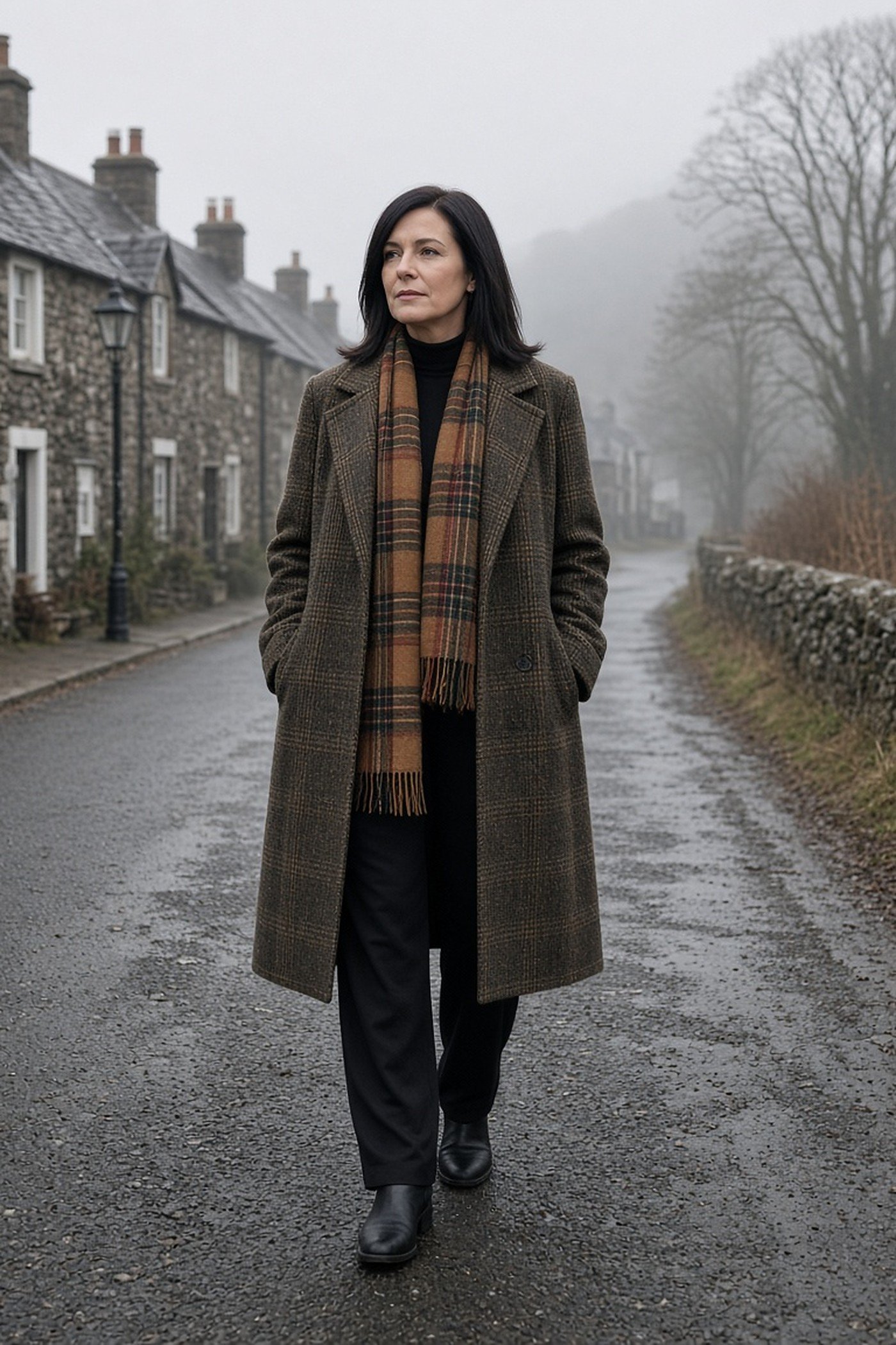 Woman over 40 in a muted plaid wool coat with a tartan scarf over black
