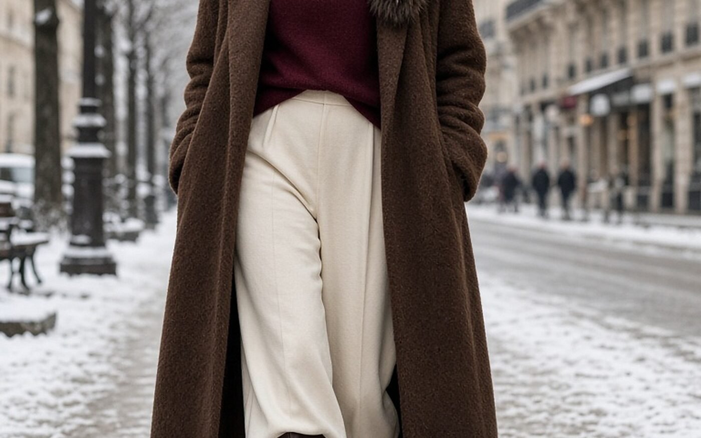 Woman over 40 in a chocolate cocoon coat with faux fur collar, burgundy turtleneck and knee boots in the snow