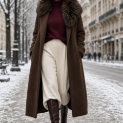 Woman over 40 in a chocolate cocoon coat with faux fur collar, burgundy turtleneck and knee boots in the snow