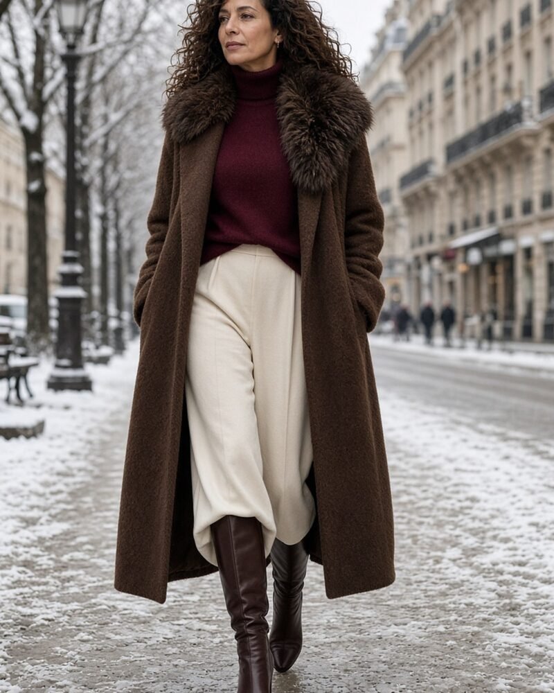 Woman over 40 in a chocolate cocoon coat with faux fur collar, burgundy turtleneck and knee boots in the snow