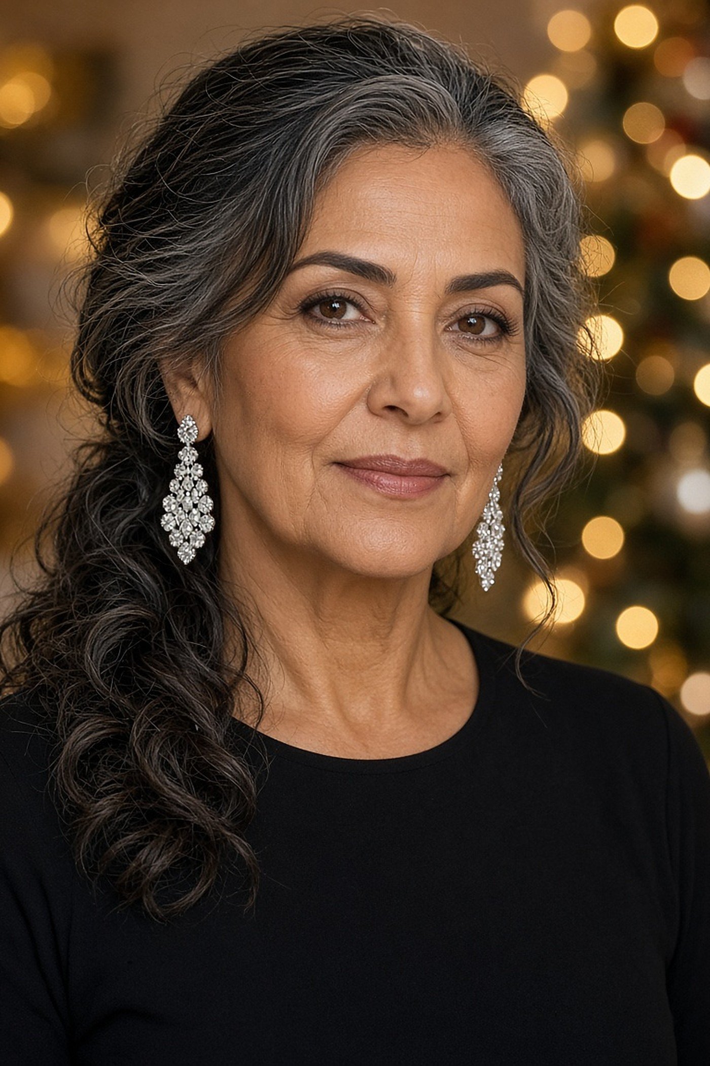 Woman over 50 wearing crystal chandelier statement earrings