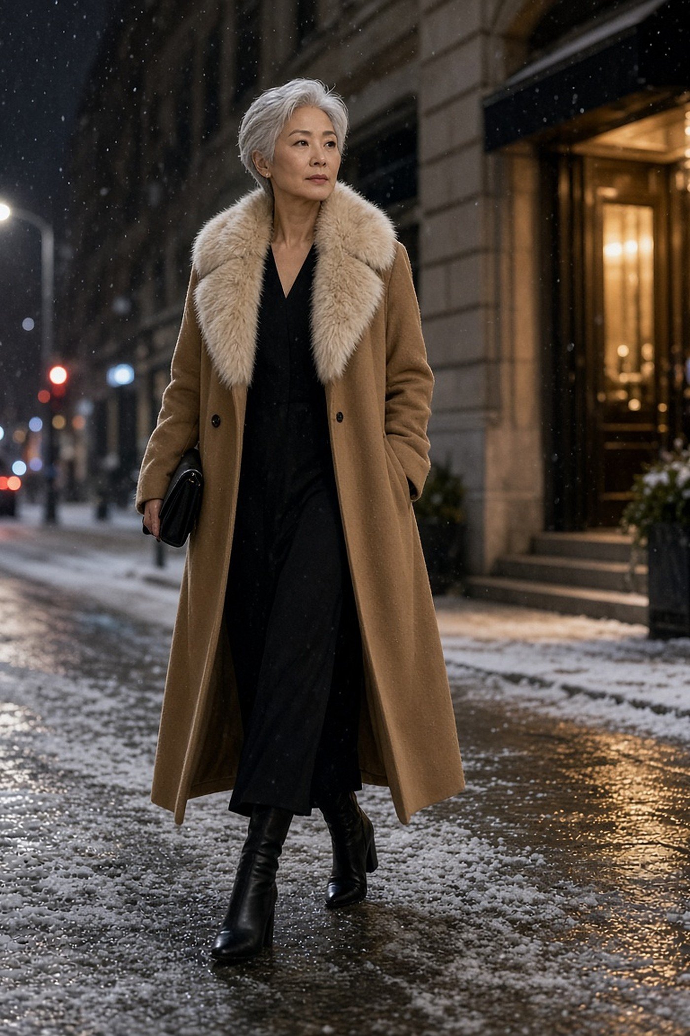 Woman over 50 in a camel wool coat with faux fur collar in the snow