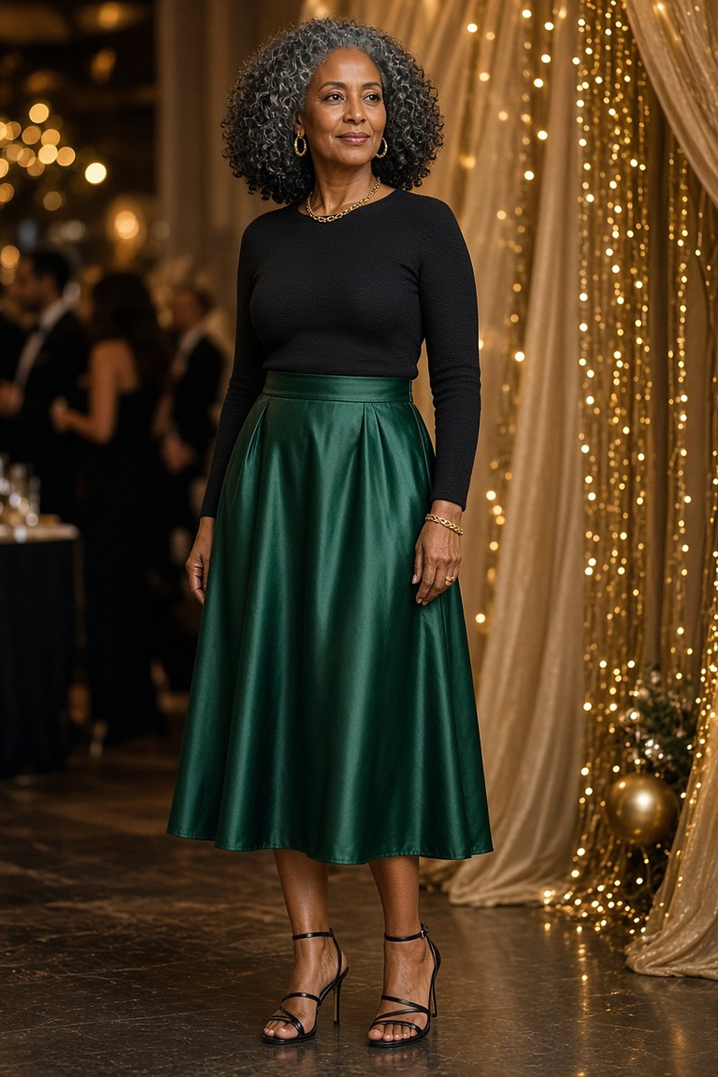 Woman over 50 in an emerald satin midi skirt with gold jewelry