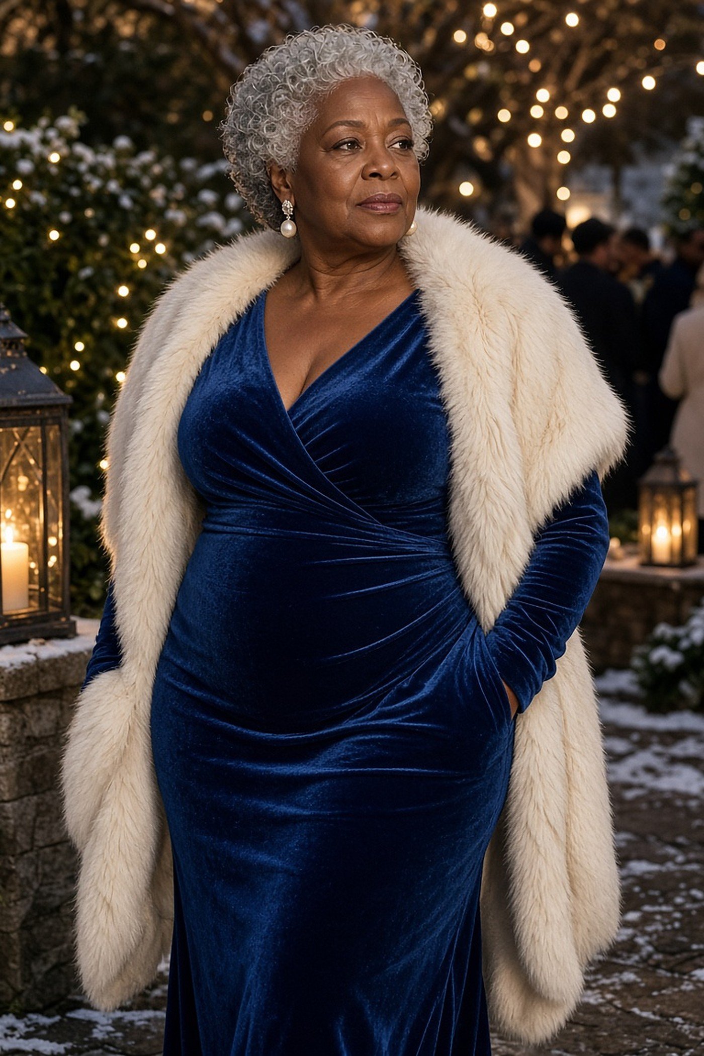 Woman over 50 in a sapphire velvet dress with a cream faux fur stole