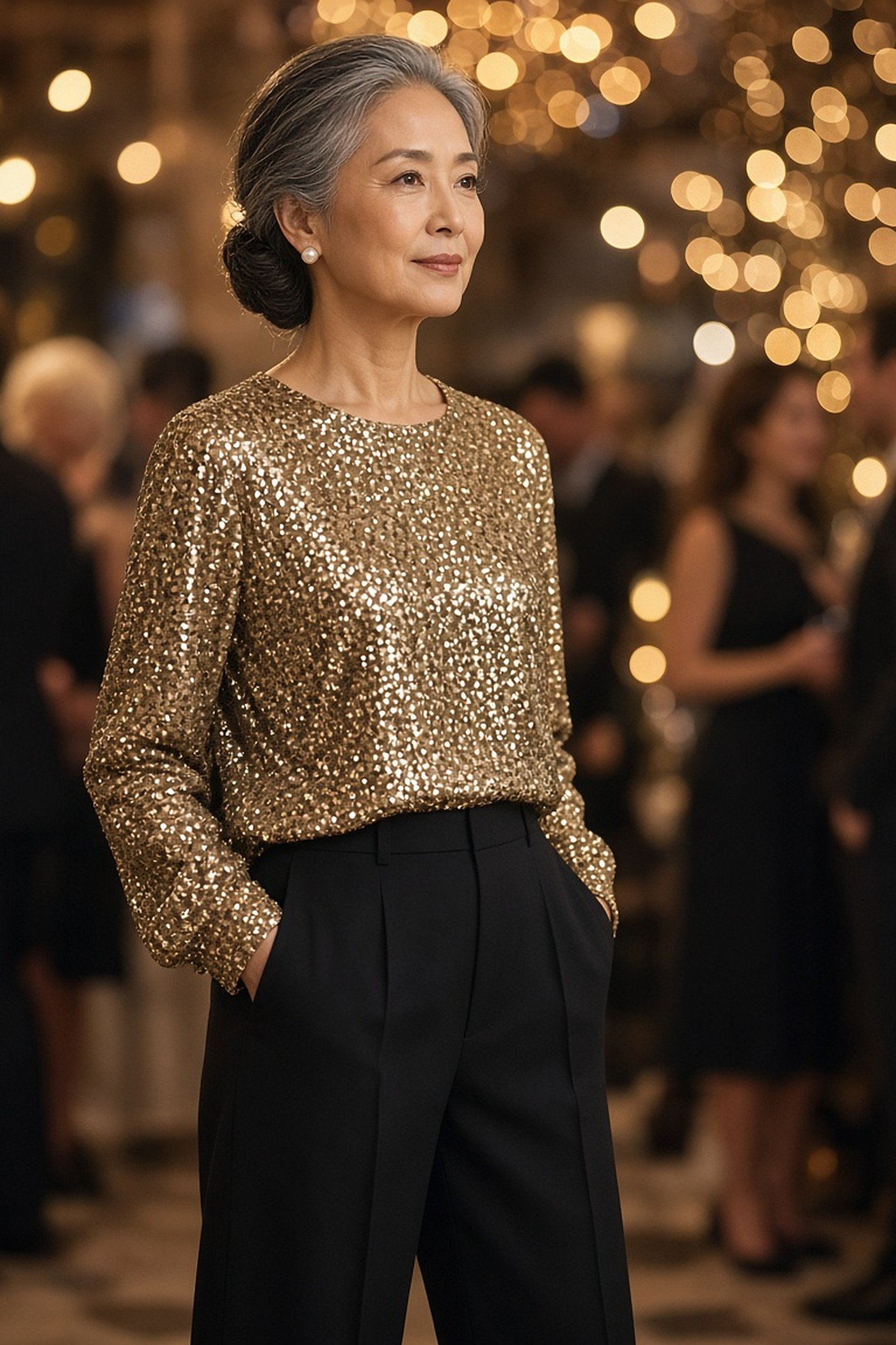 Woman over 50 in a gold sequin top with black wide-leg trousers