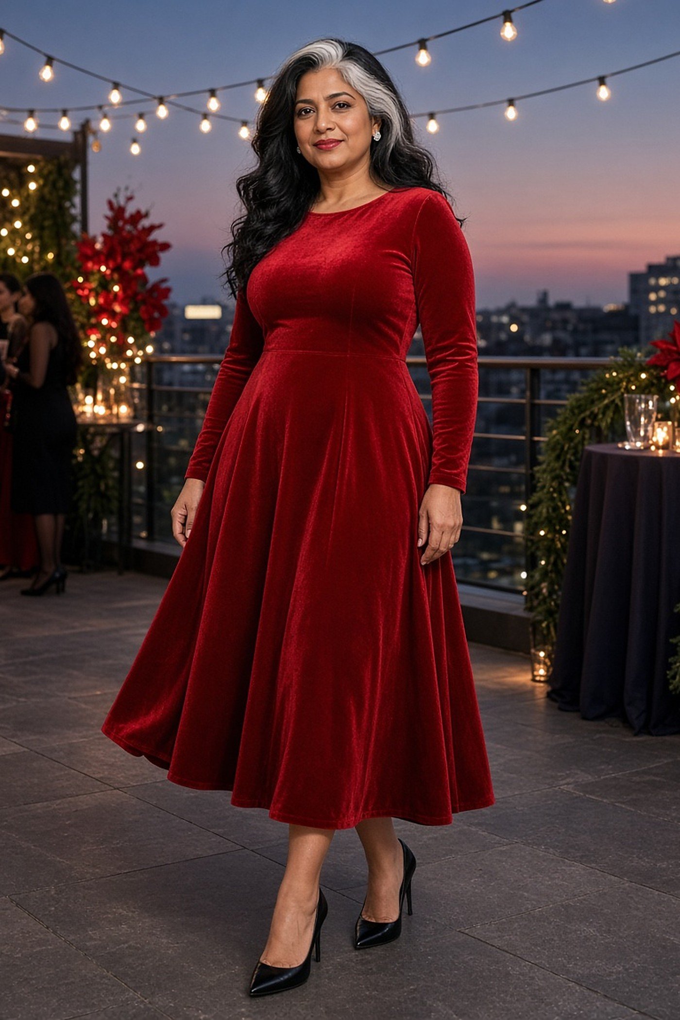 Woman over 50 in a red velvet fit-and-flare dress at a rooftop party