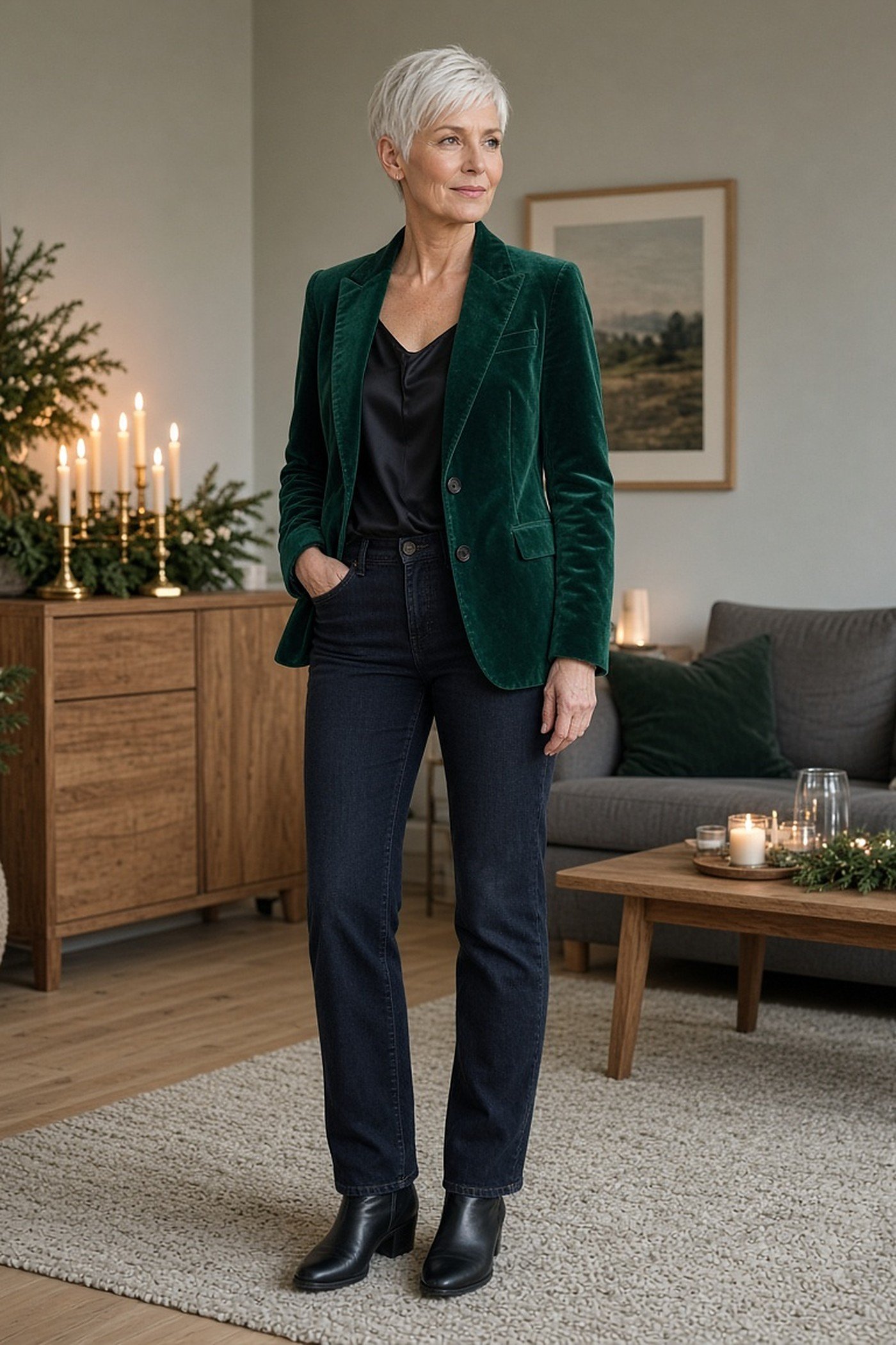 Woman over 50 in an emerald velvet blazer with dark straight jeans