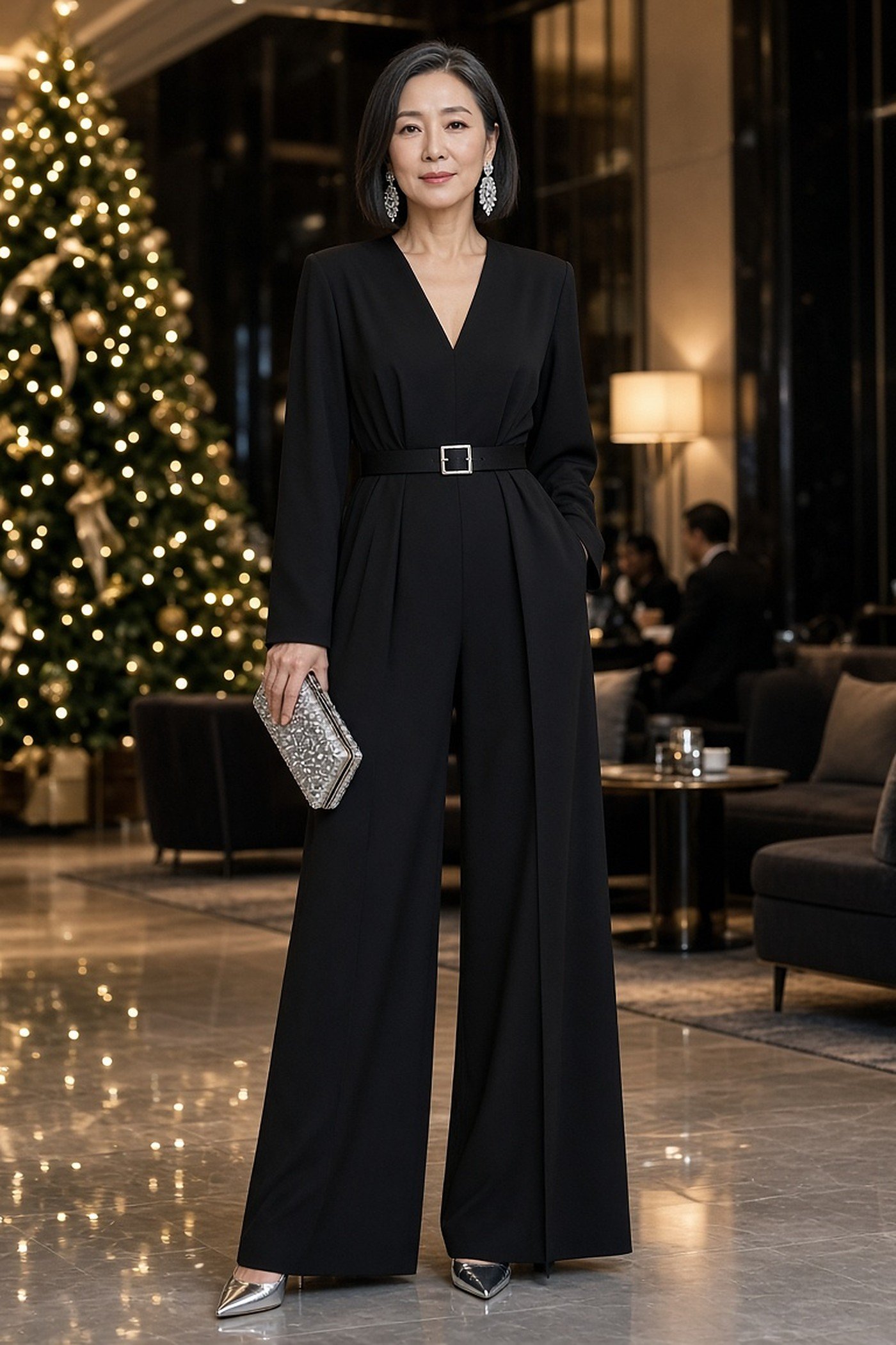 Woman over 50 in a belted black wide-leg jumpsuit with crystal earrings