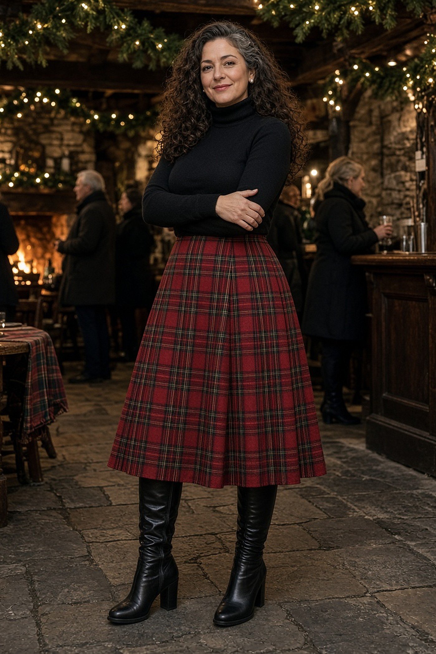 Woman over 50 in a red tartan midi skirt, black turtleneck and knee-high boots