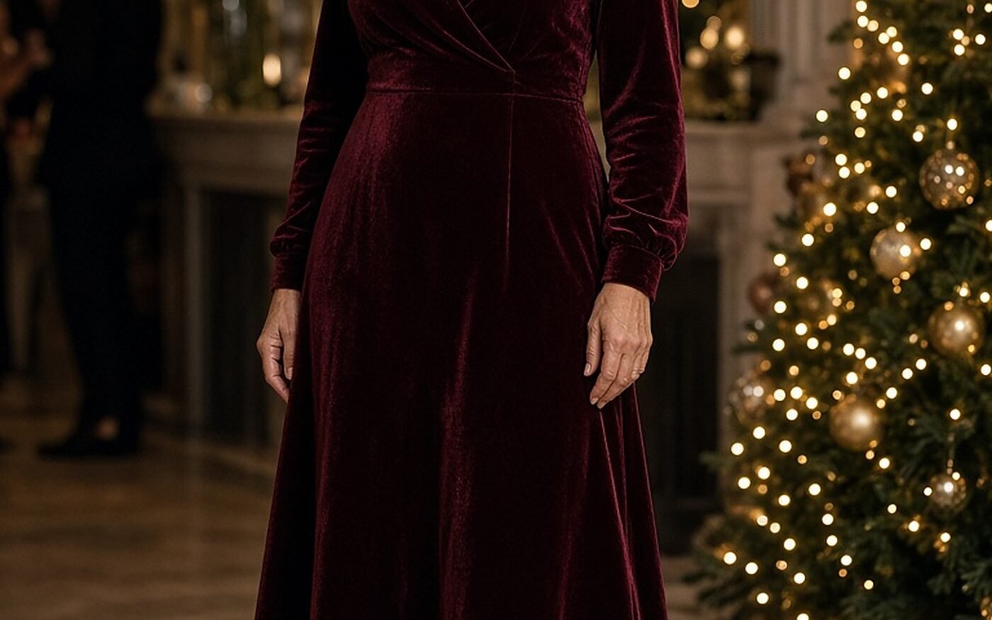 Woman over 50 in a burgundy velvet wrap midi dress at a holiday party