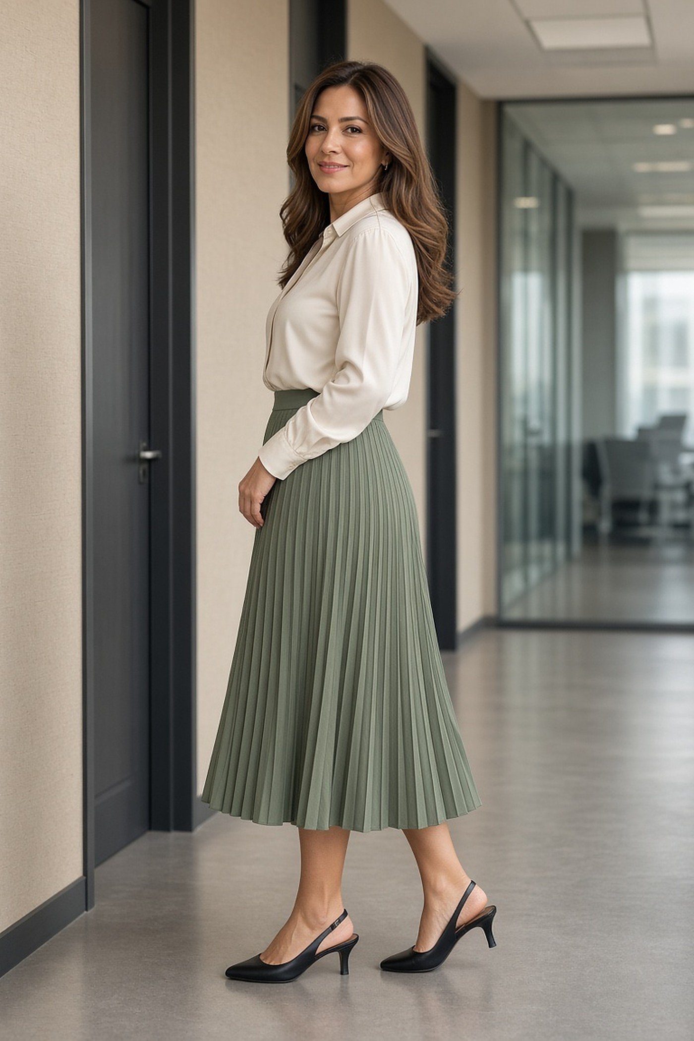 Petite woman in a sage pleated skirt and black low-heel slingbacks